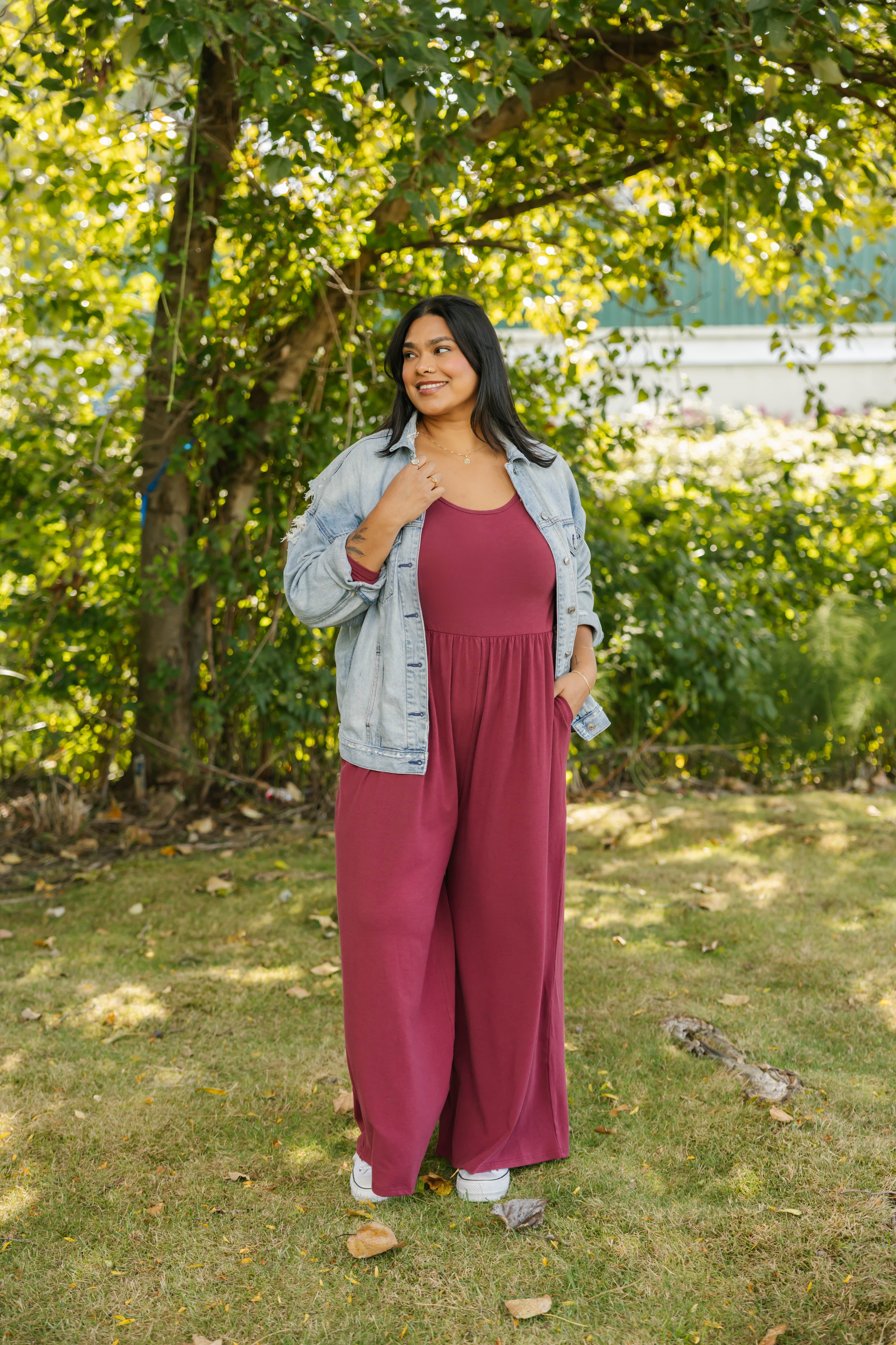 Camille Long Sleeve Wide Leg Romper in Dark Cranberry