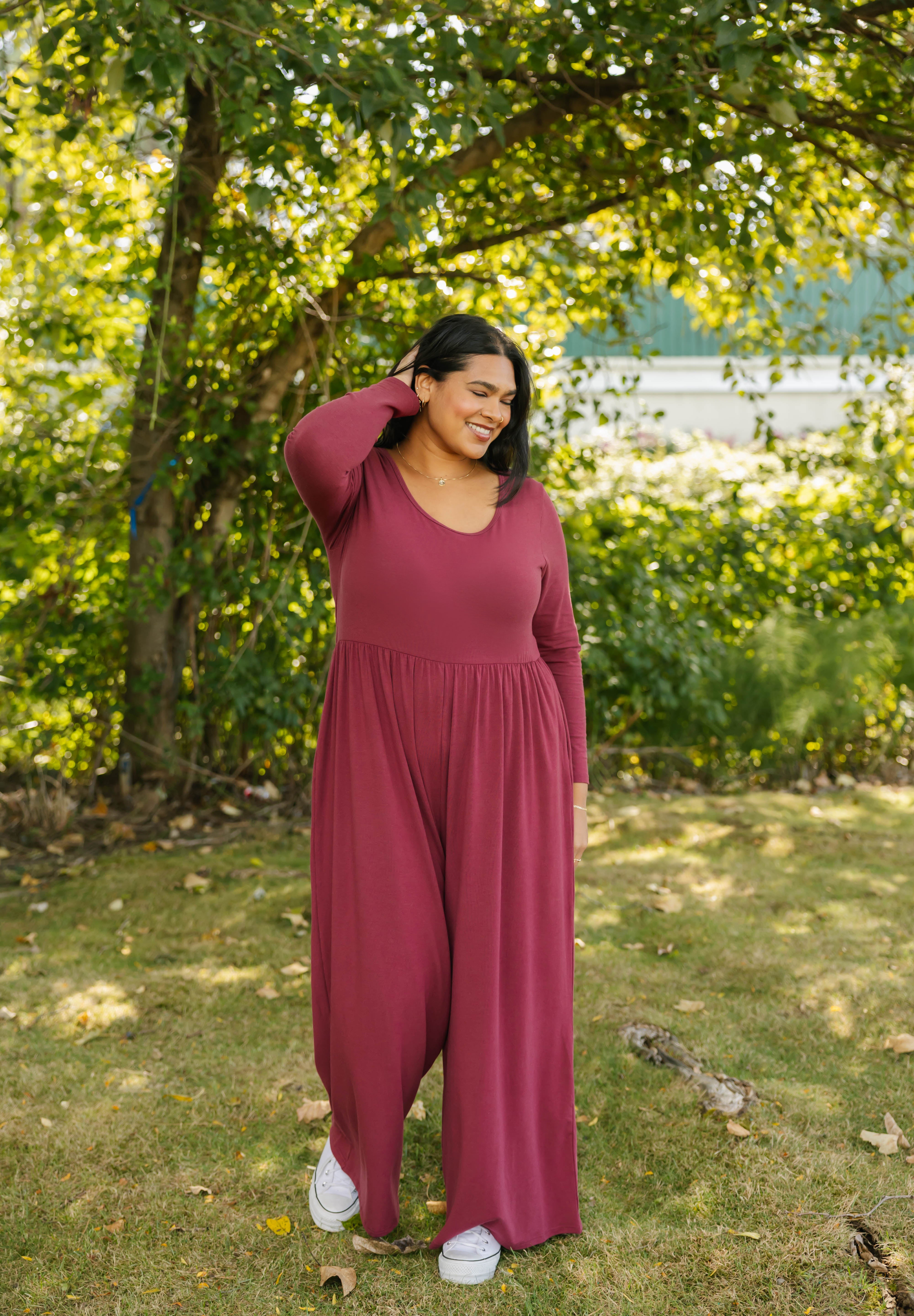 Camille Long Sleeve Wide Leg Romper in Dark Cranberry