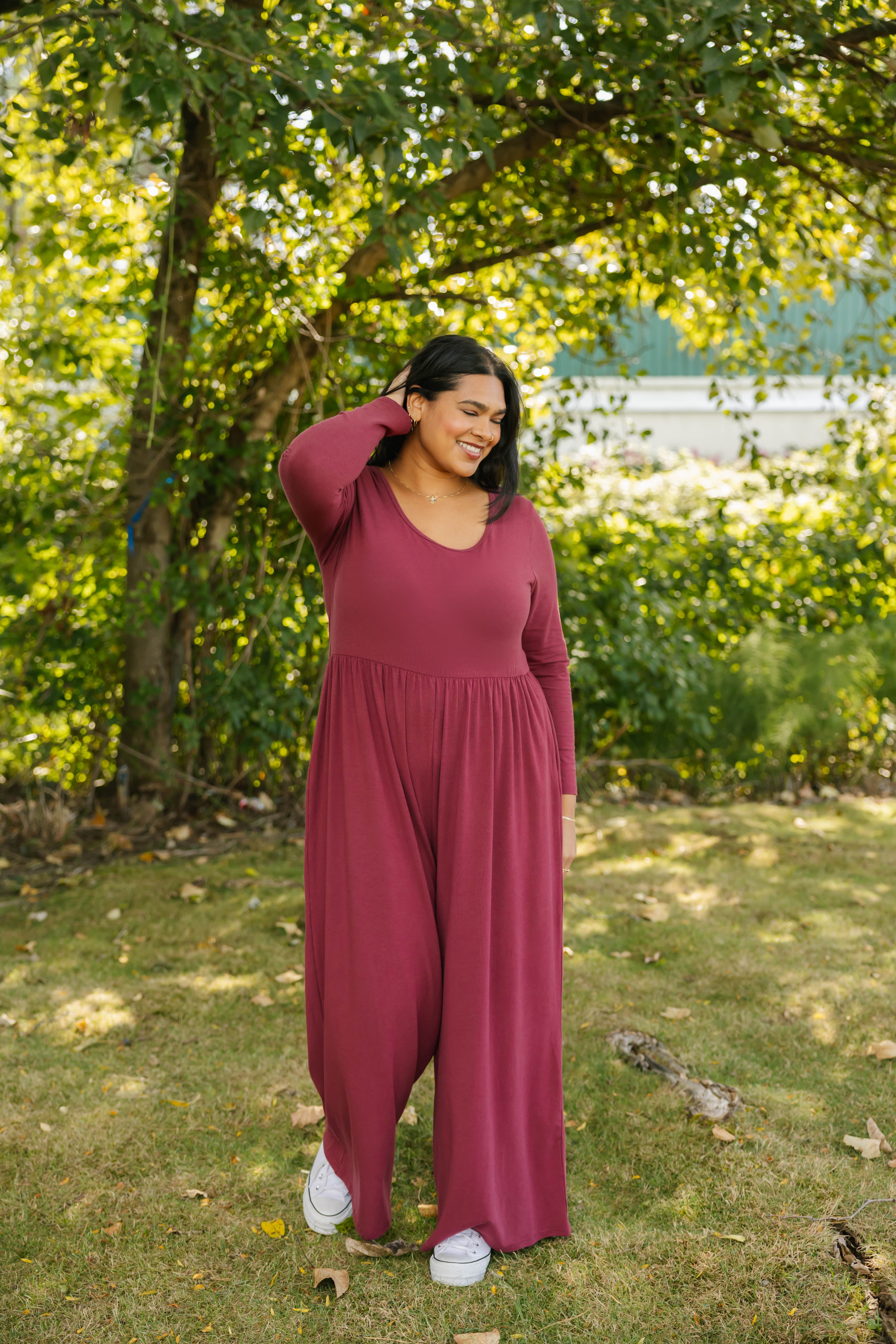Camille Long Sleeve Wide Leg Romper in Dark Cranberry