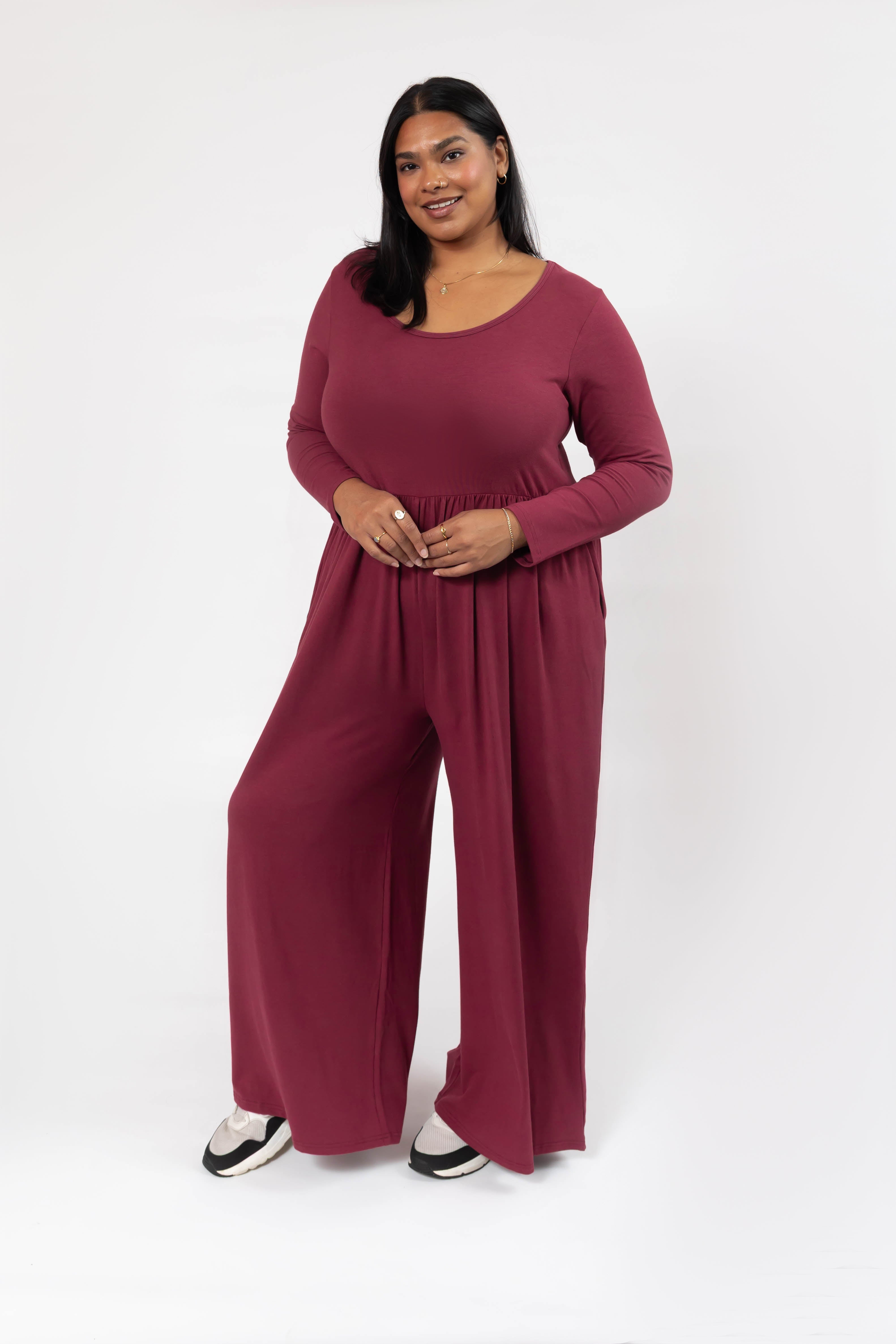 Camille Long Sleeve Wide Leg Romper in Dark Cranberry