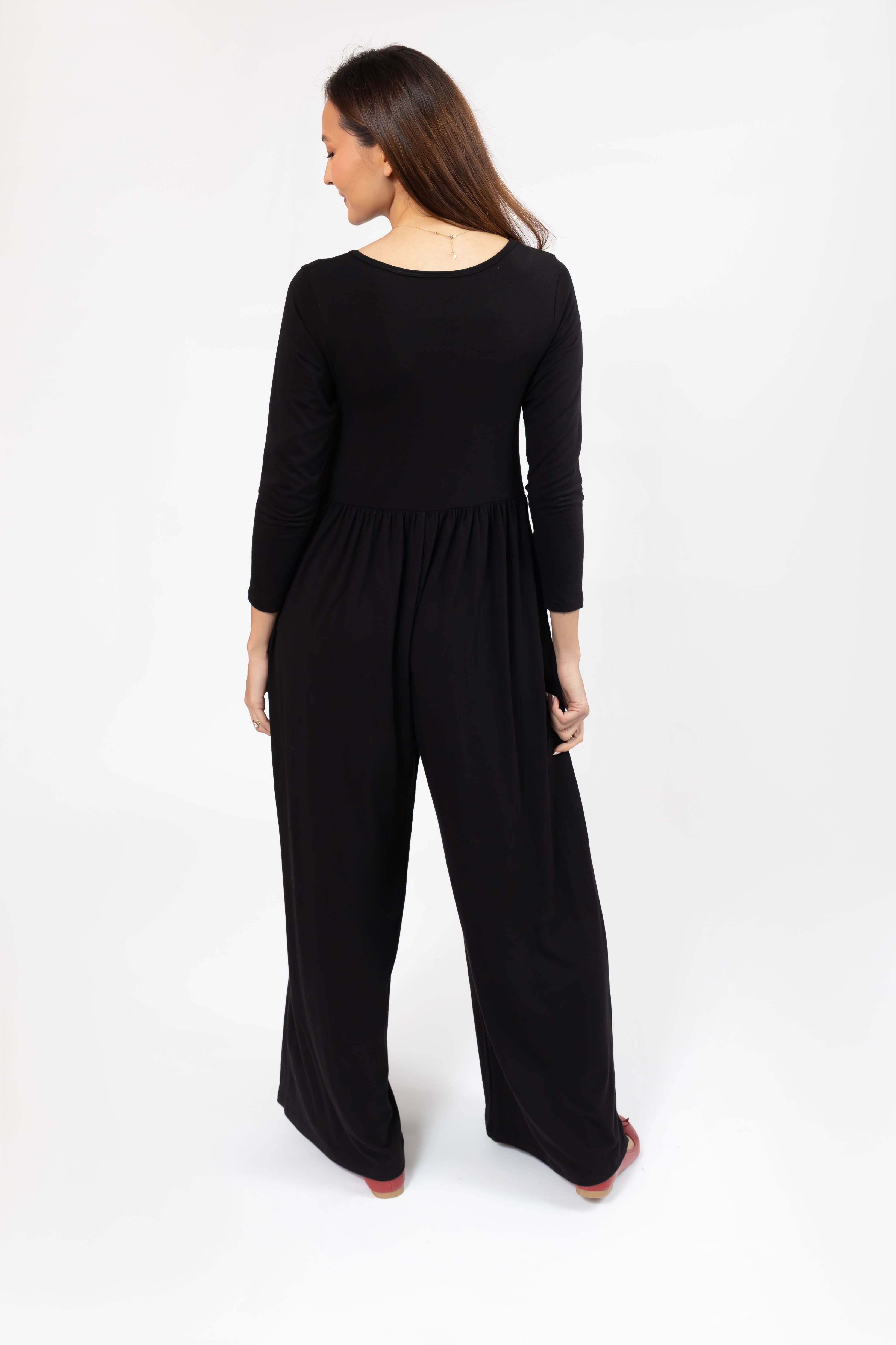 Camille Long Sleeve Wide Leg Romper in Midnight Black
