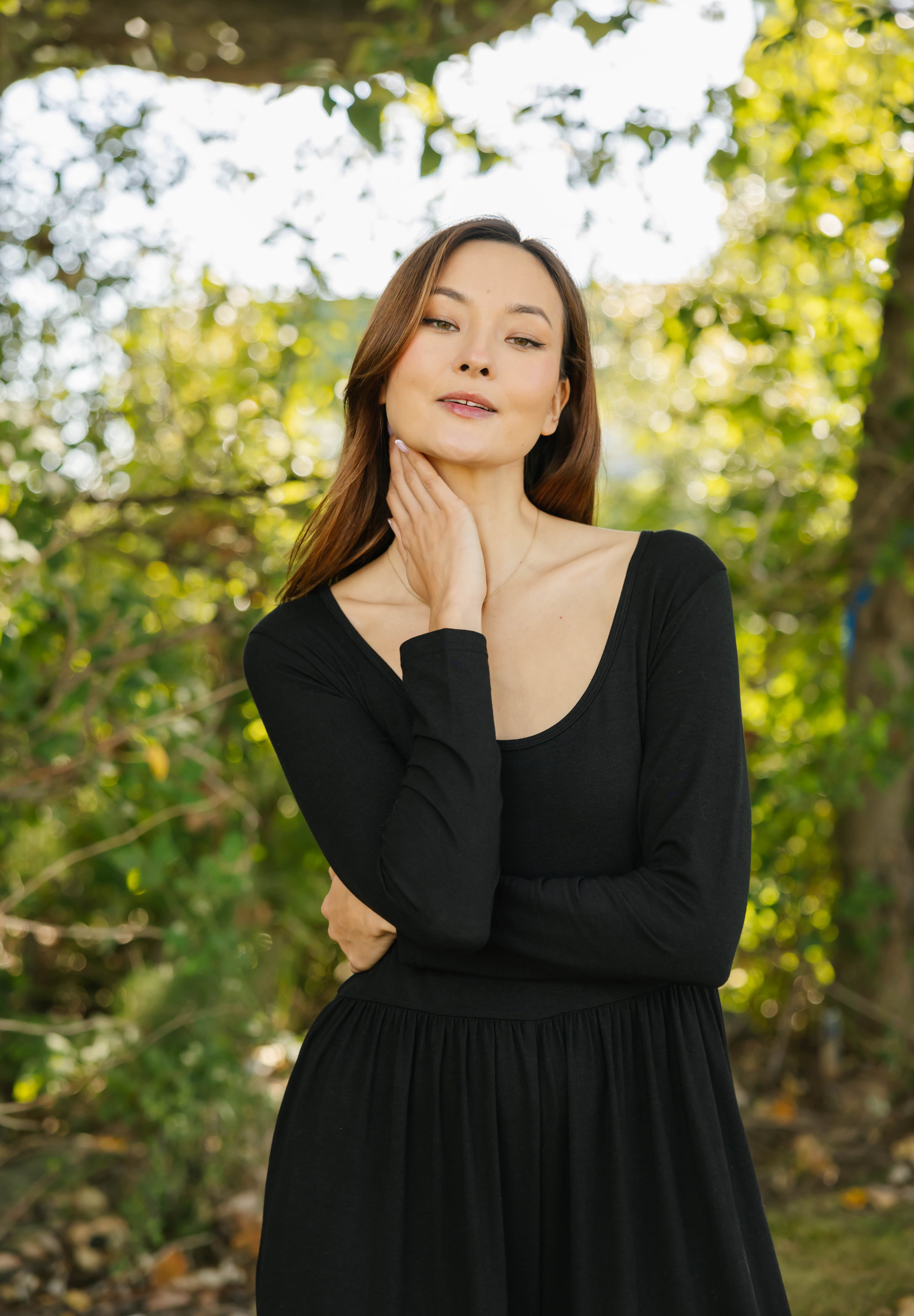 Camille Long Sleeve Wide Leg Romper in Midnight Black