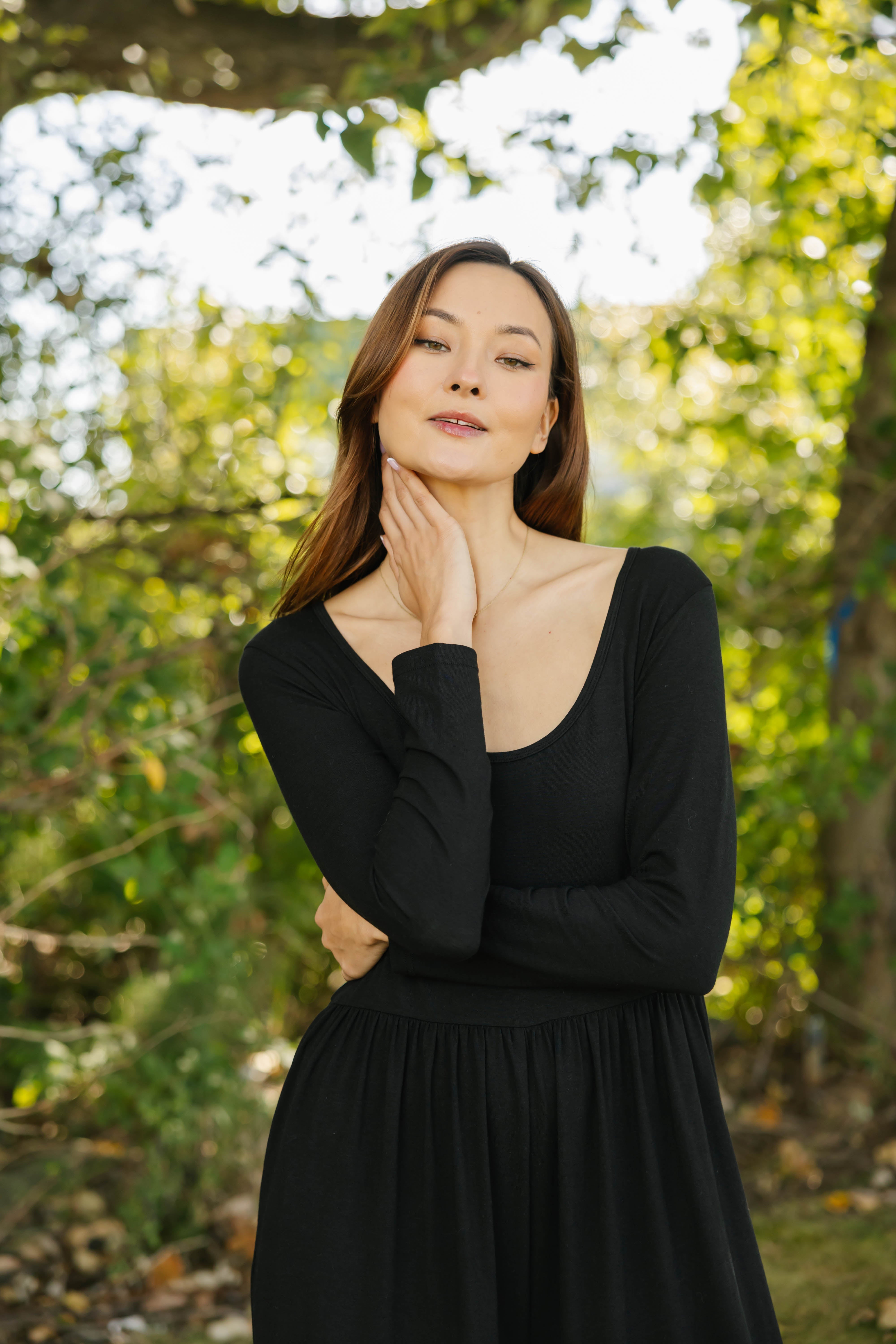 Camille Long Sleeve Wide Leg Romper in Midnight Black