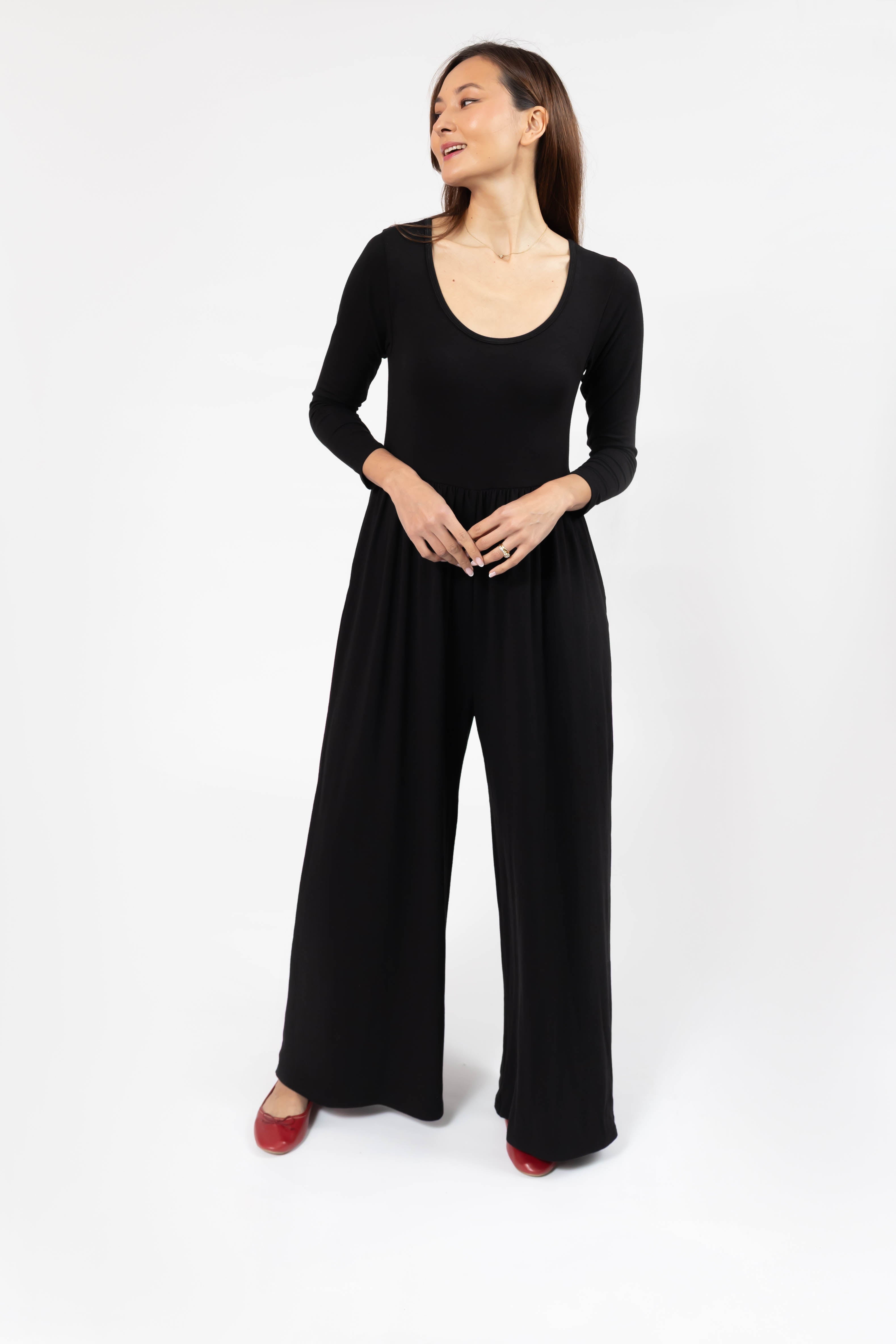 Camille Long Sleeve Wide Leg Romper in Midnight Black