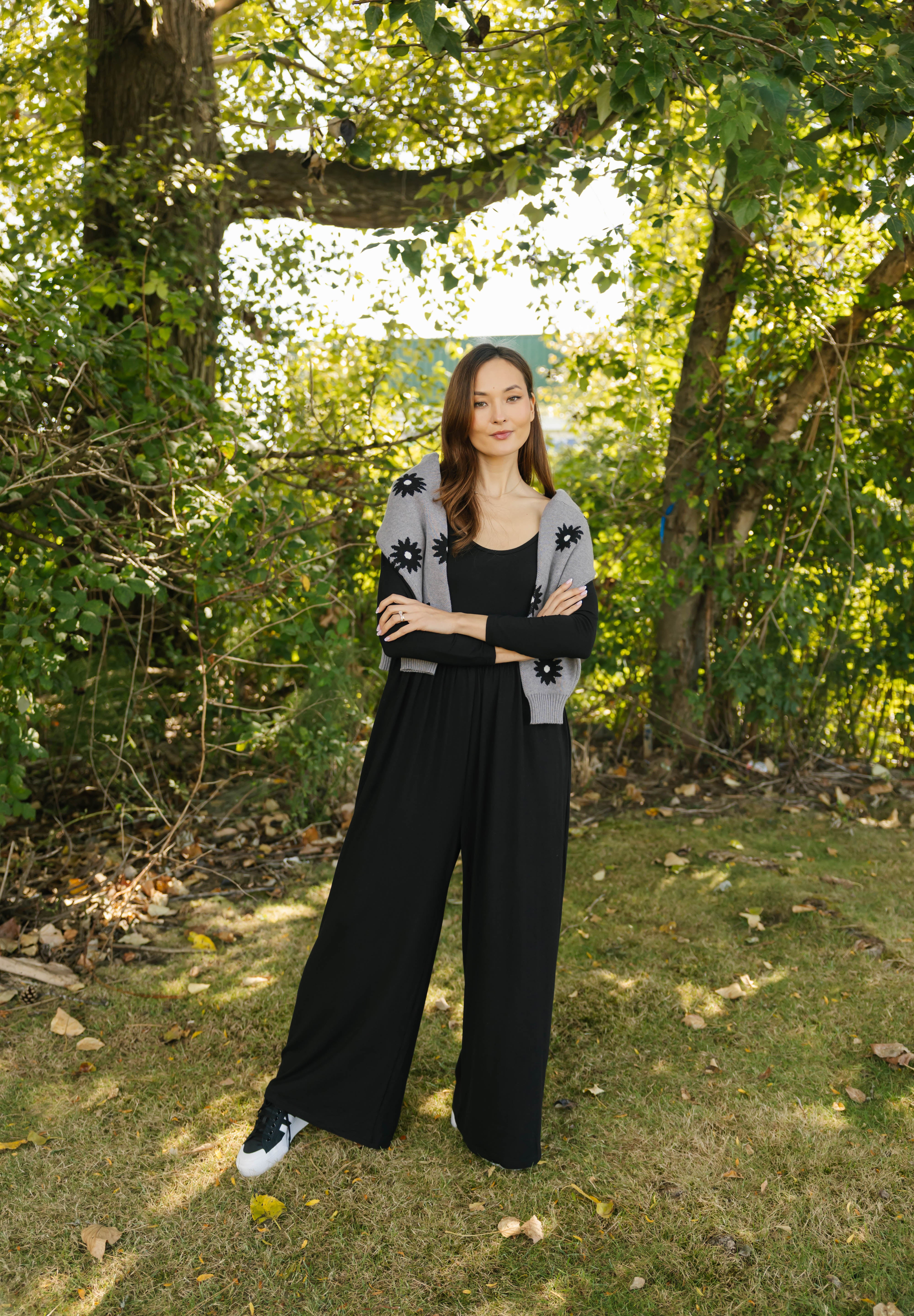 Camille Long Sleeve Wide Leg Romper in Midnight Black