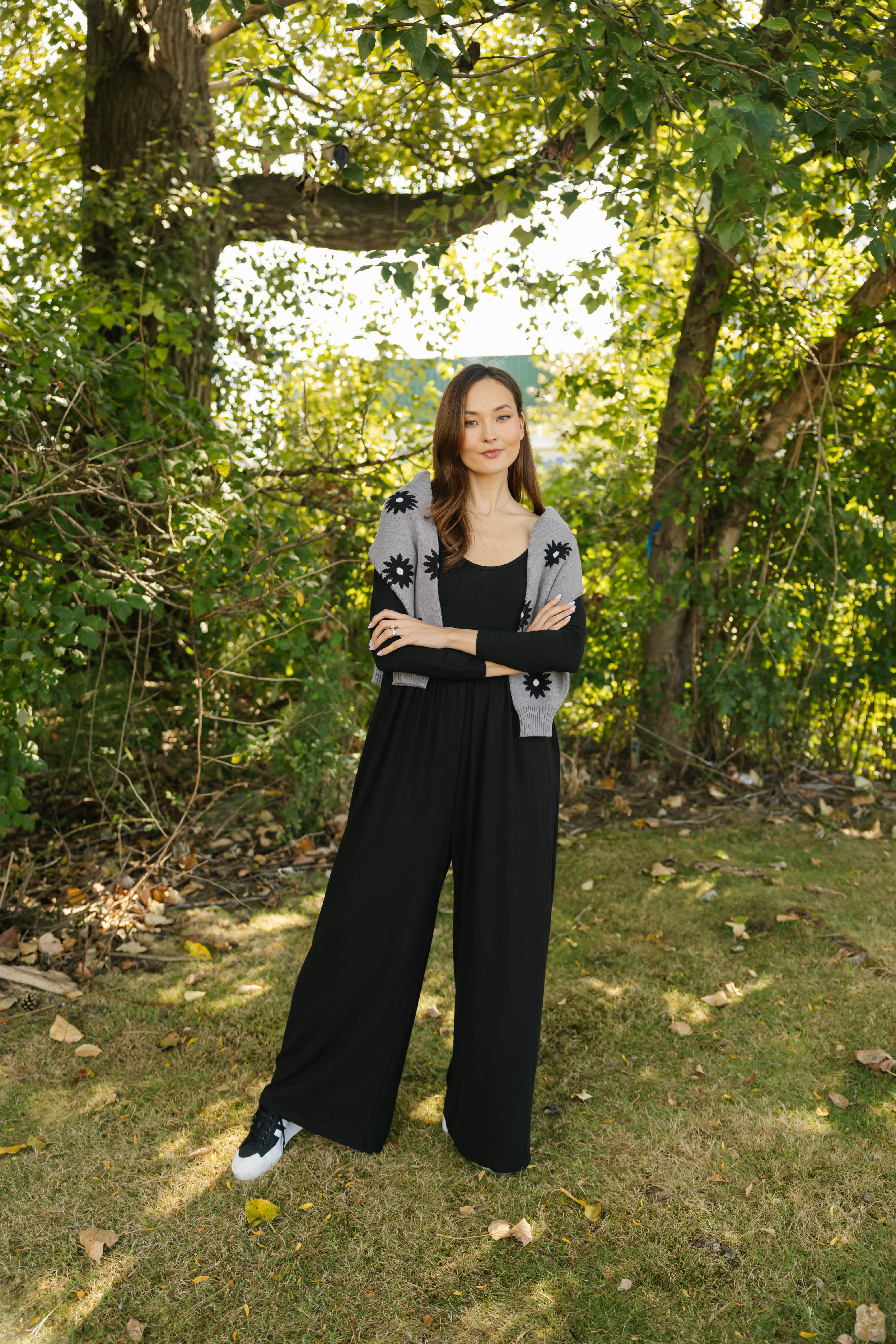 Camille Long Sleeve Wide Leg Romper in Midnight Black