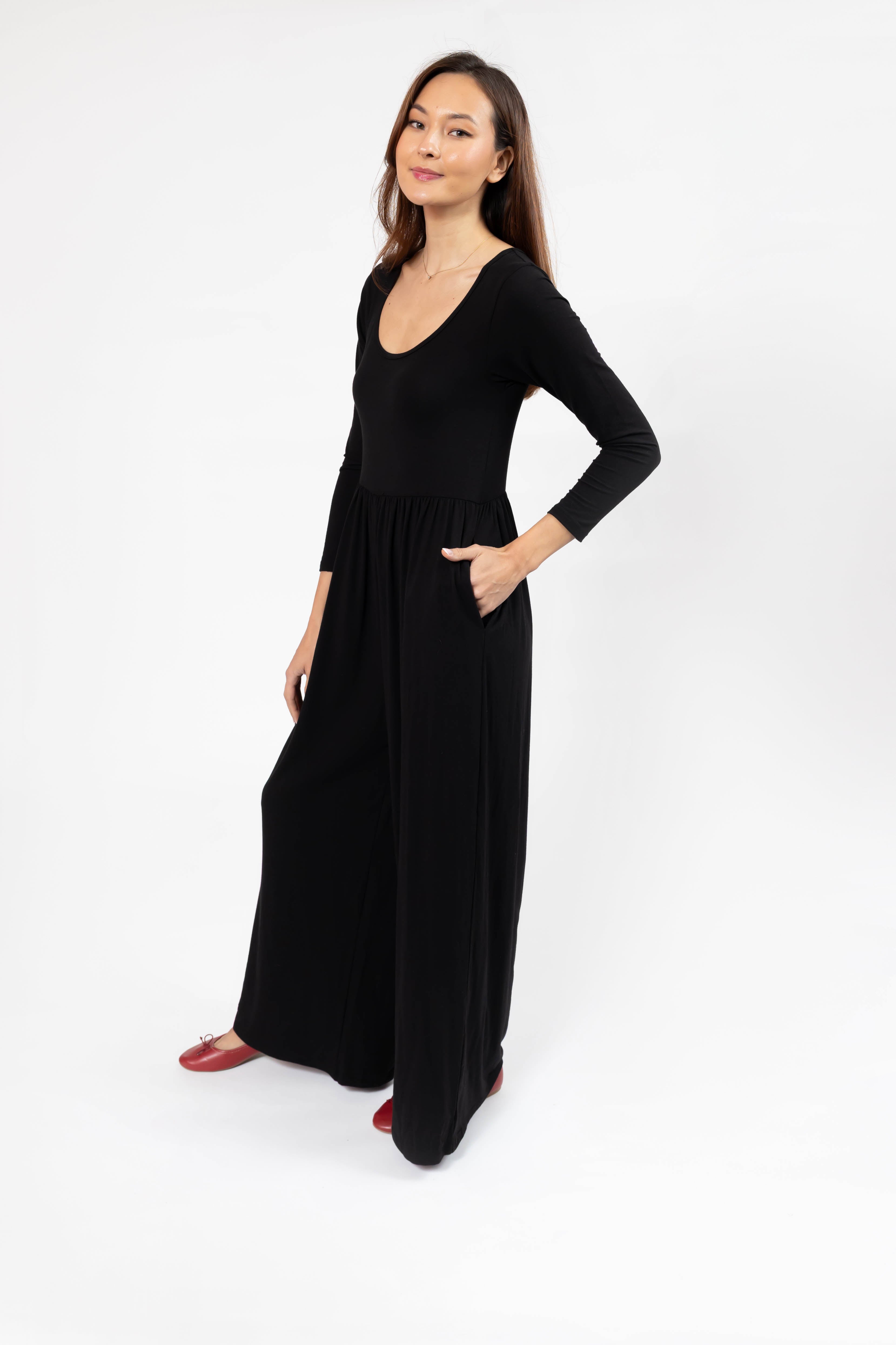 Camille Long Sleeve Wide Leg Romper in Midnight Black