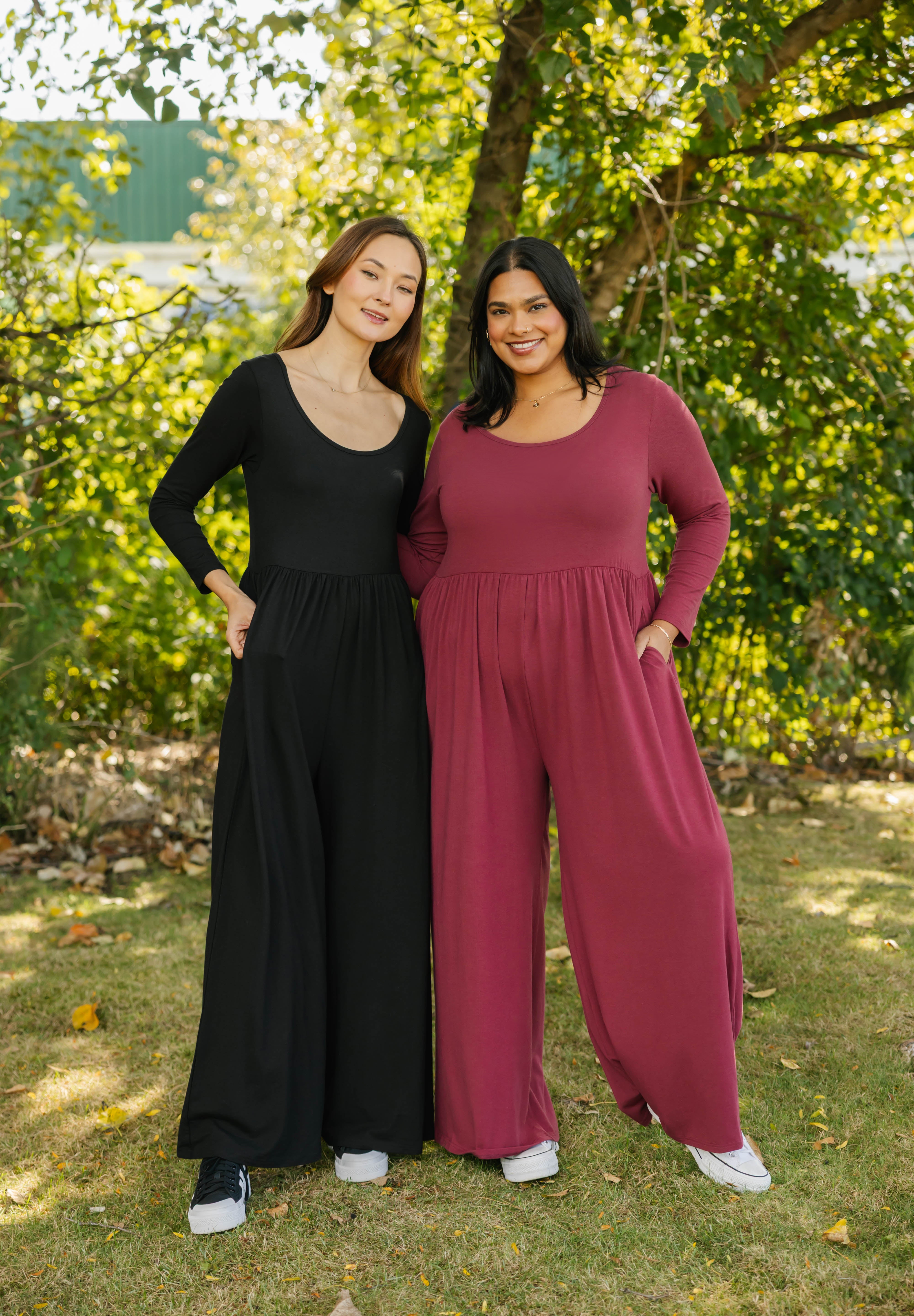 Camille Long Sleeve Wide Leg Romper in Midnight Black