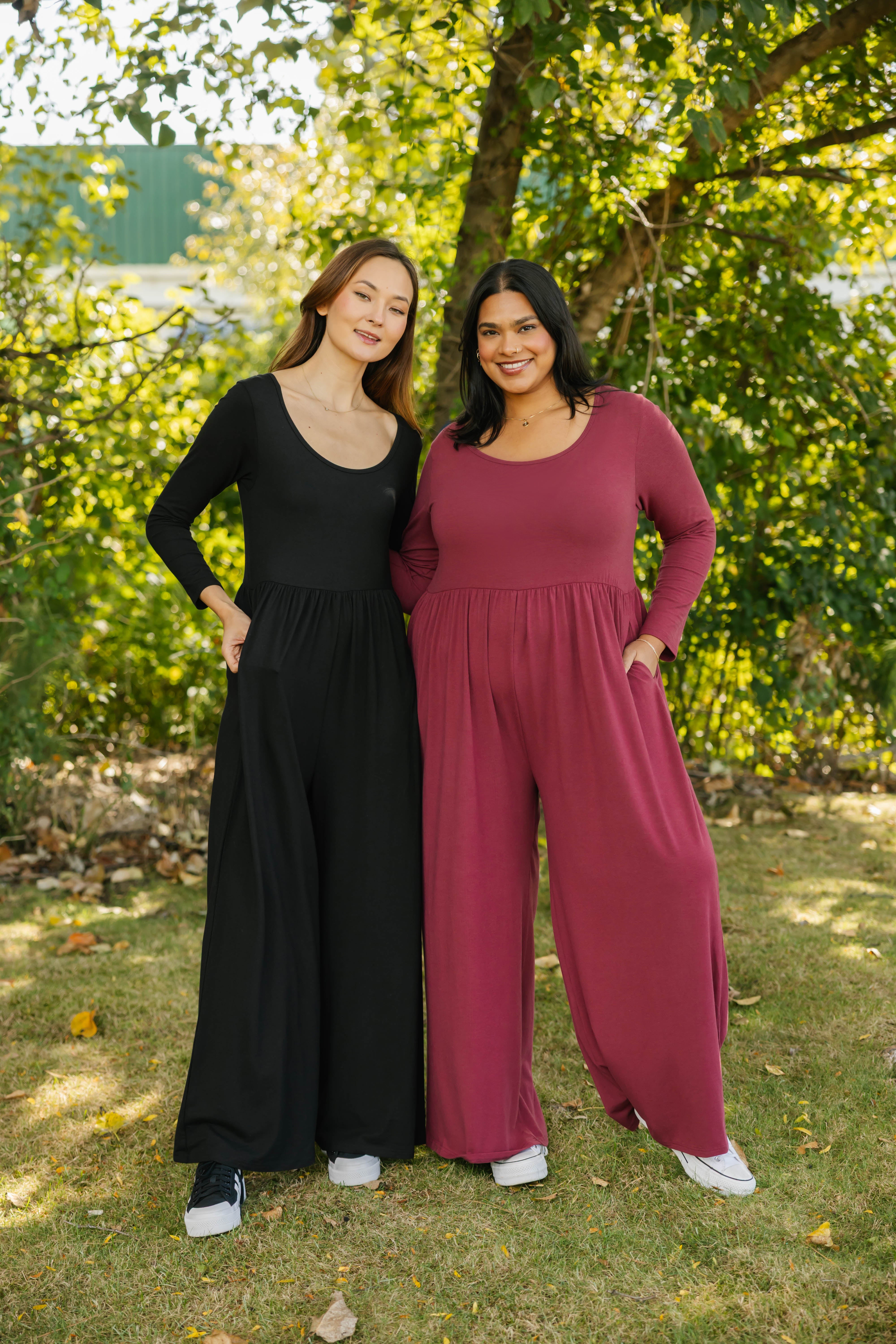 Camille Long Sleeve Wide Leg Romper in Midnight Black