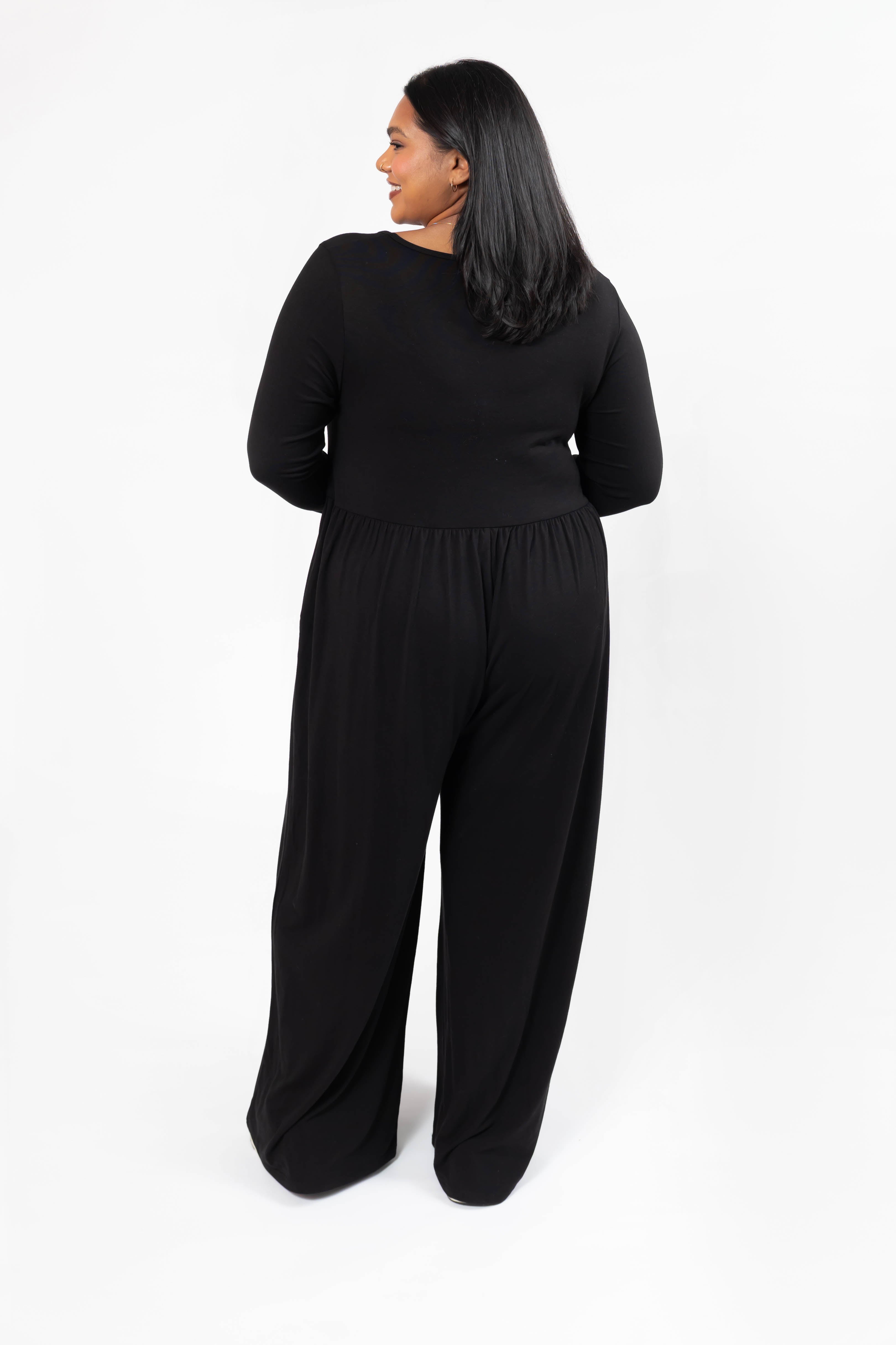 Camille Long Sleeve Wide Leg Romper in Midnight Black