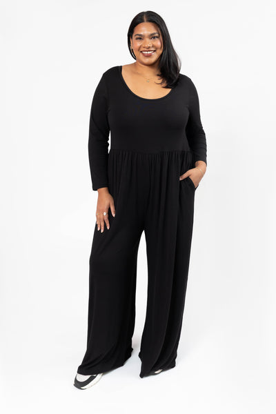 Camille Long Sleeve Wide Leg Romper in Midnight Black – Smash + Tess