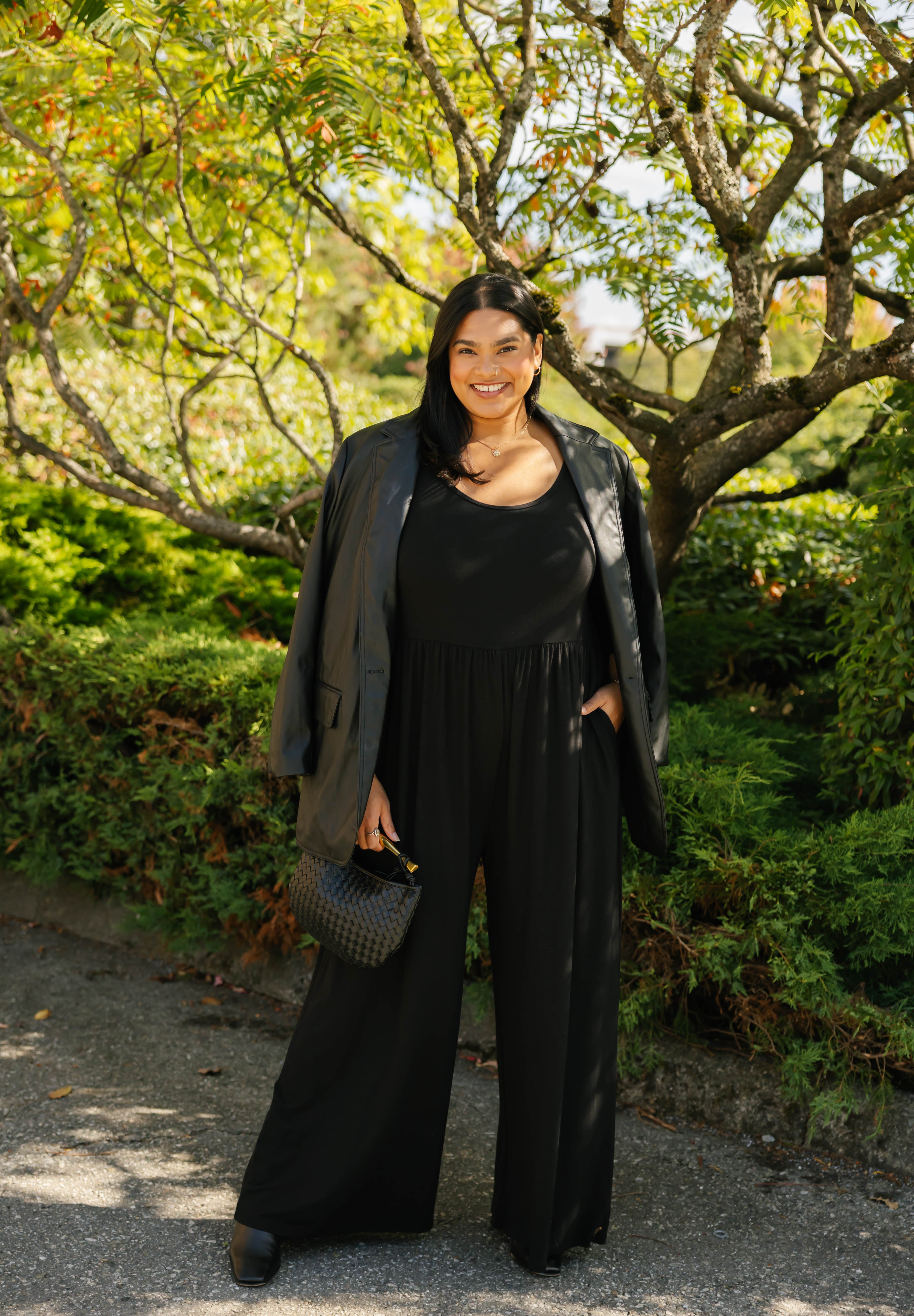 Camille Long Sleeve Wide Leg Romper in Midnight Black