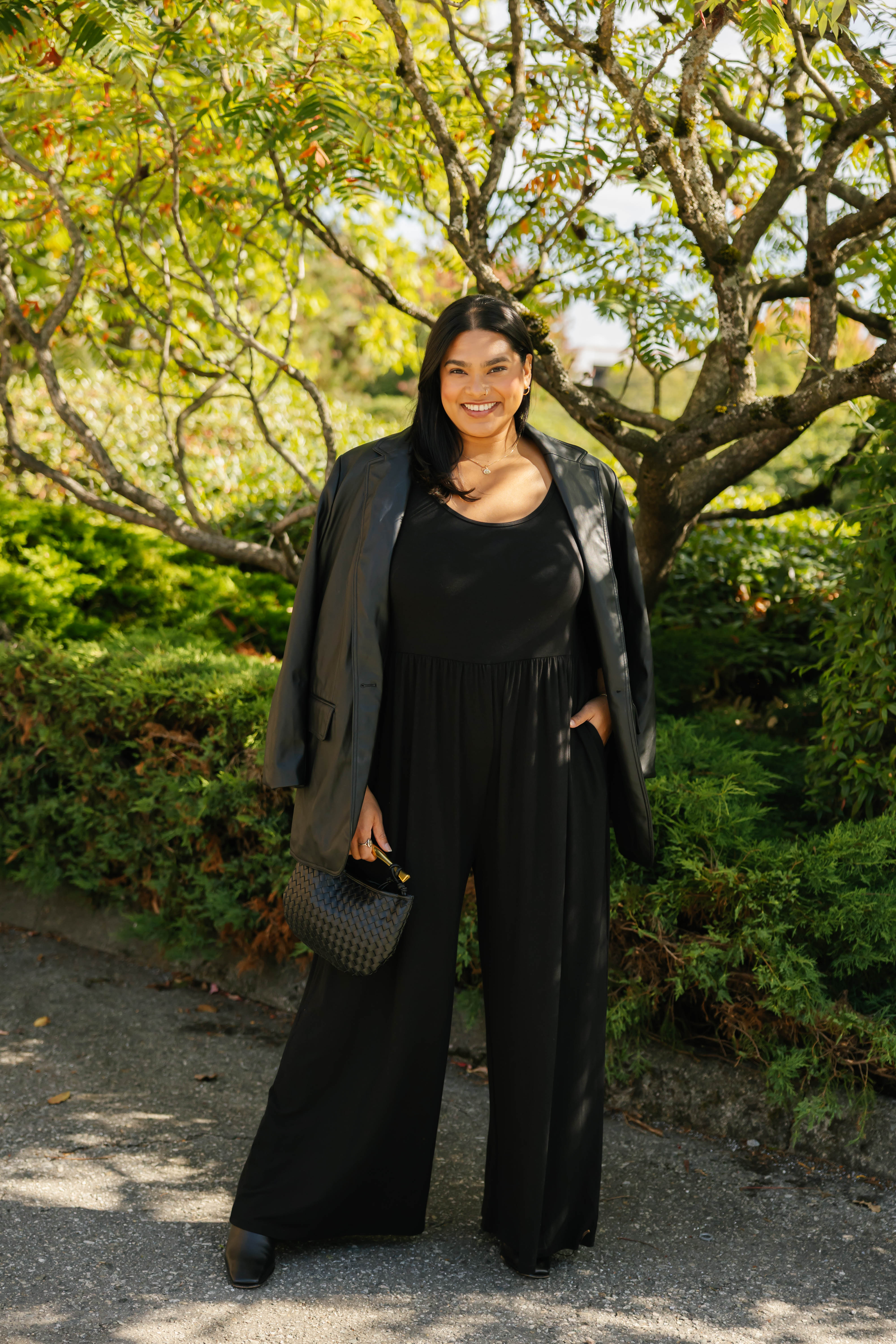 Camille Long Sleeve Wide Leg Romper in Midnight Black