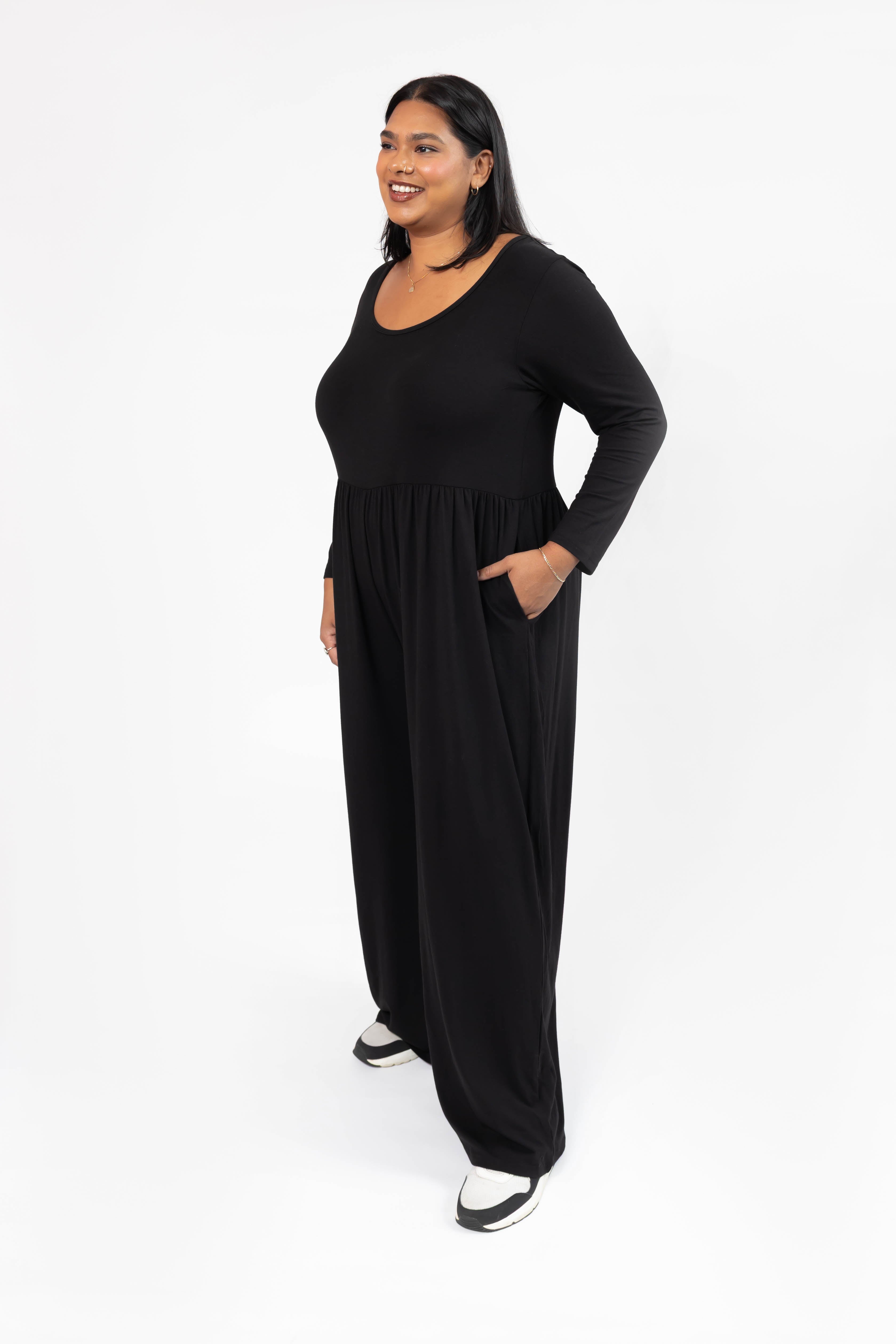 Camille Long Sleeve Wide Leg Romper in Midnight Black