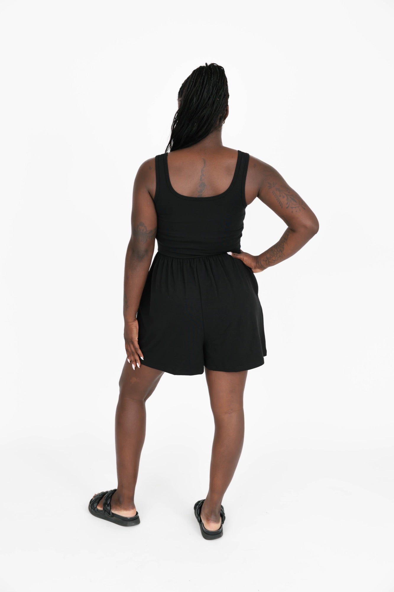 Camille Shorty Romper in Midnight Black