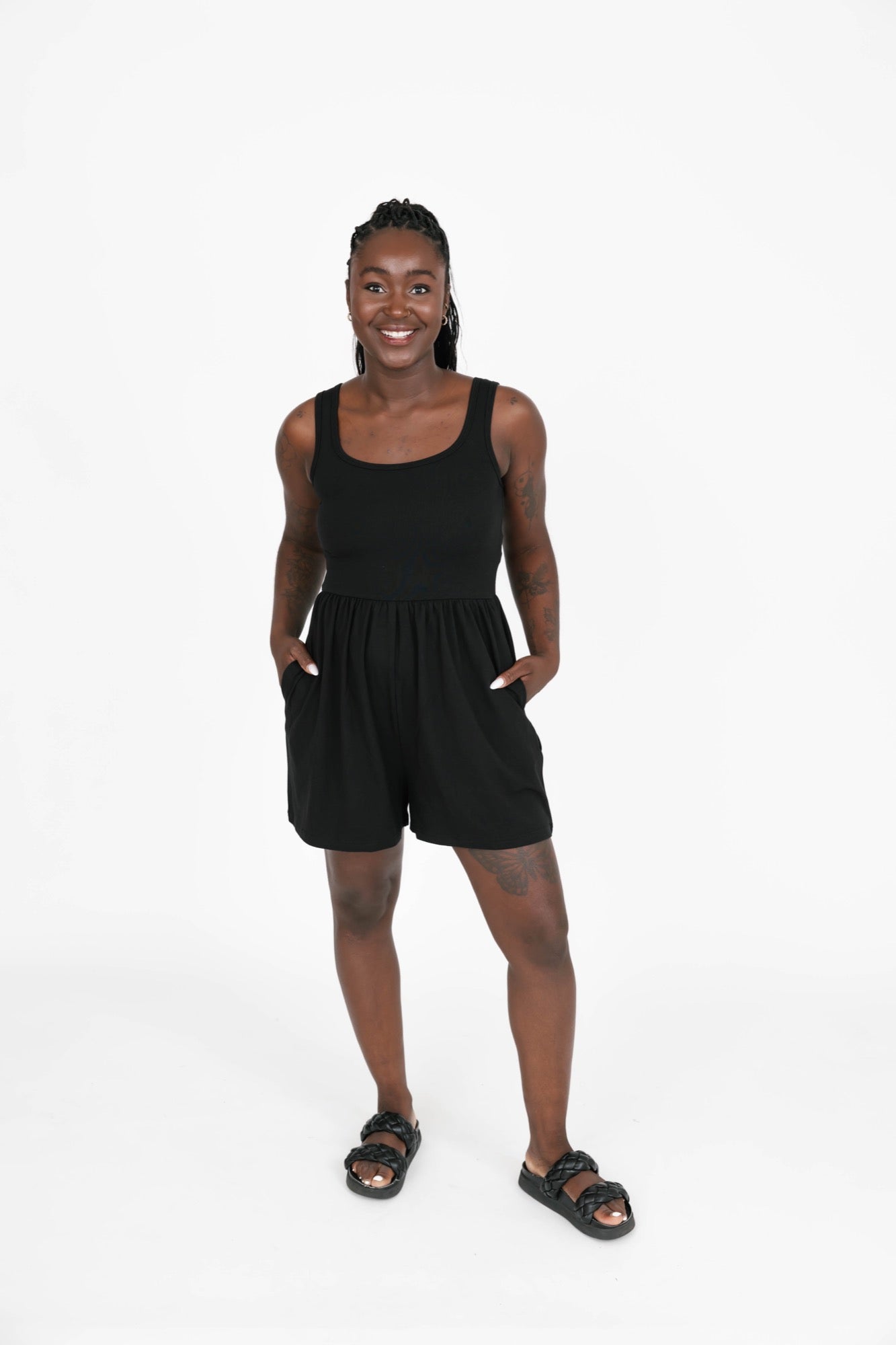 Camille Shorty Romper in Midnight Black