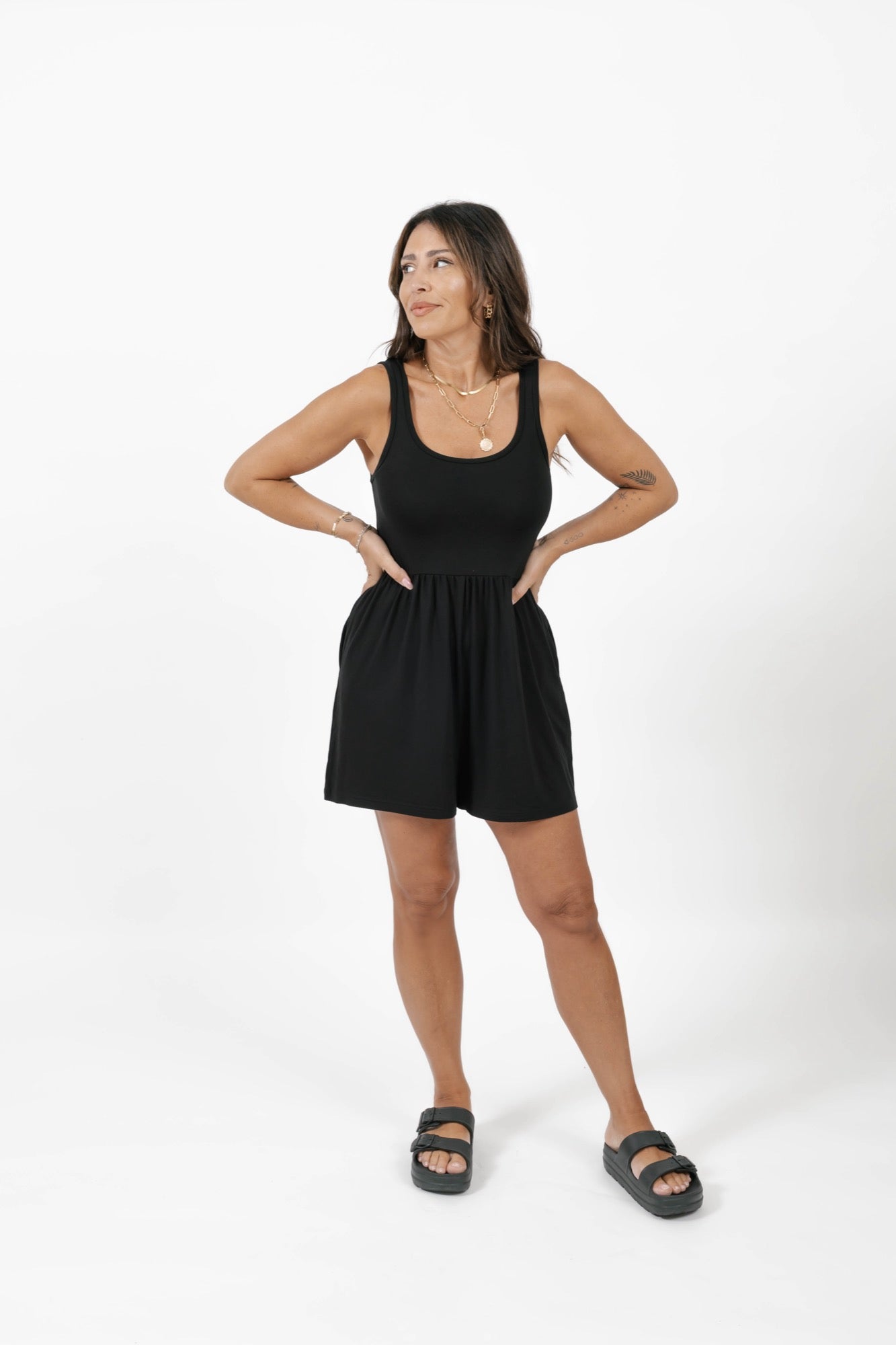 Camille Shorty Romper in Midnight Black