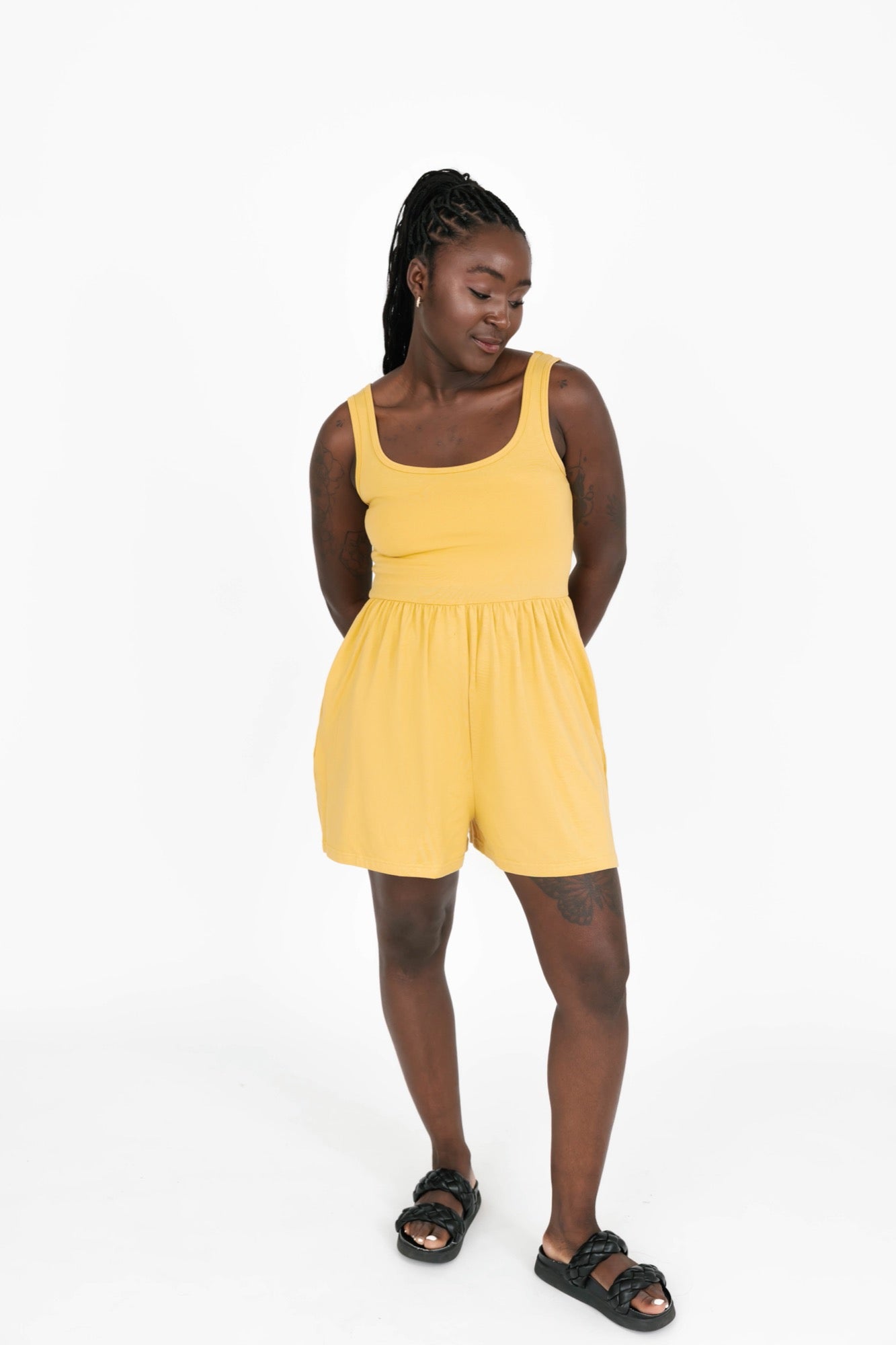 Camille Shorty Romper in Golden Yellow