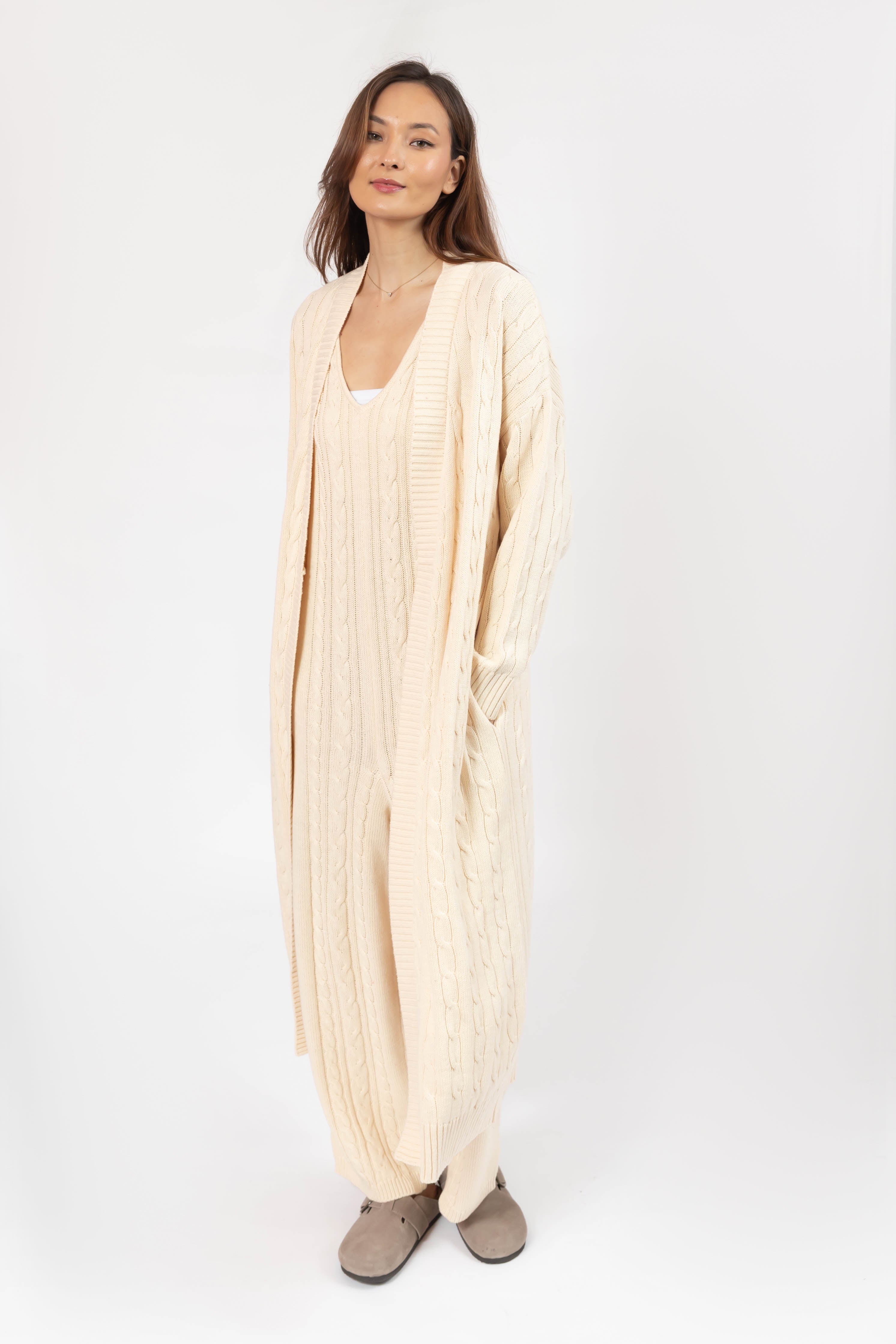 Cecilia Cable Knit Long Cardigan in Cream