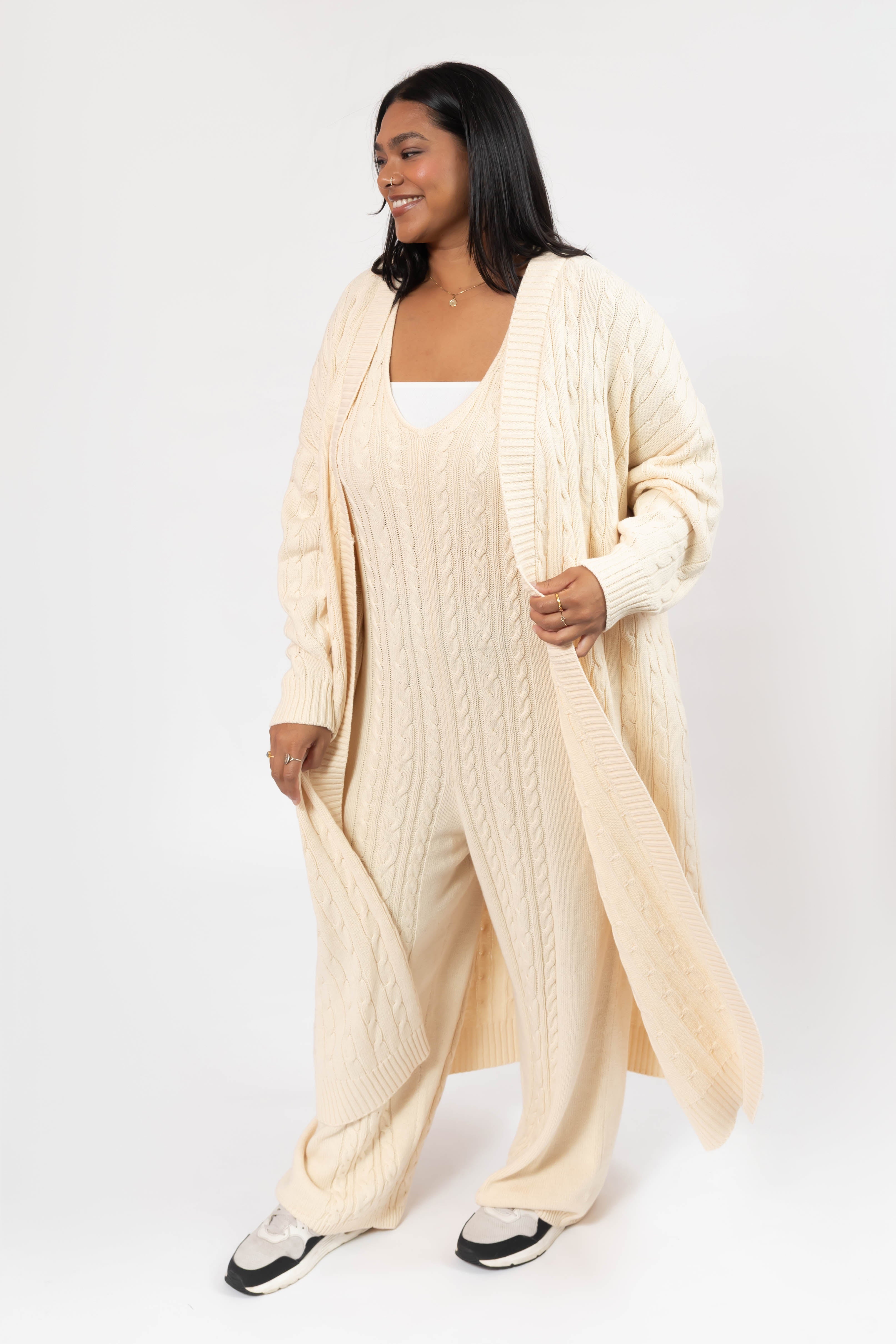 Cecilia Cable Knit Long Cardigan in Cream – Smash + Tess