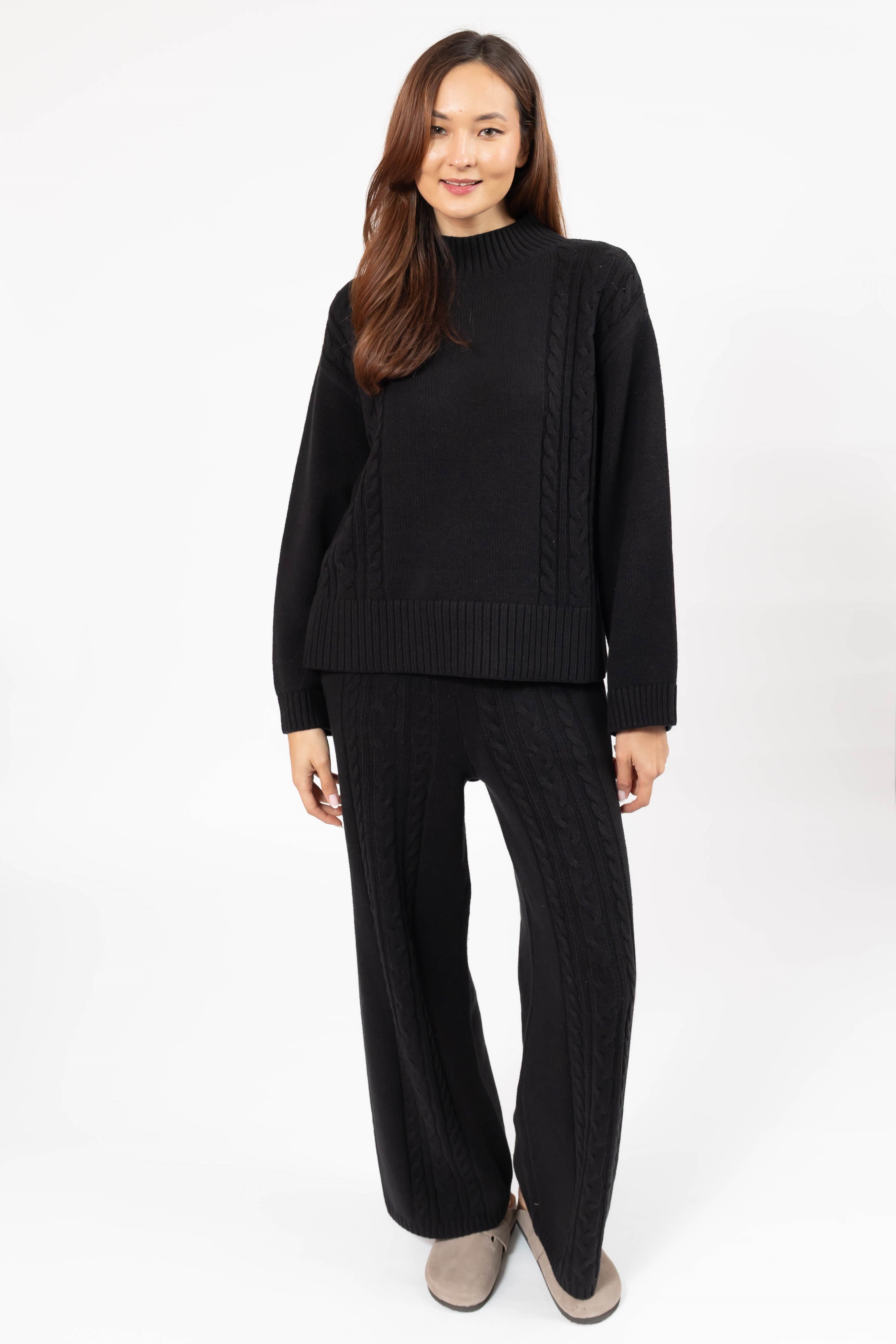 Cecilia Cable Knit Straight Leg Pant in Midnight Black