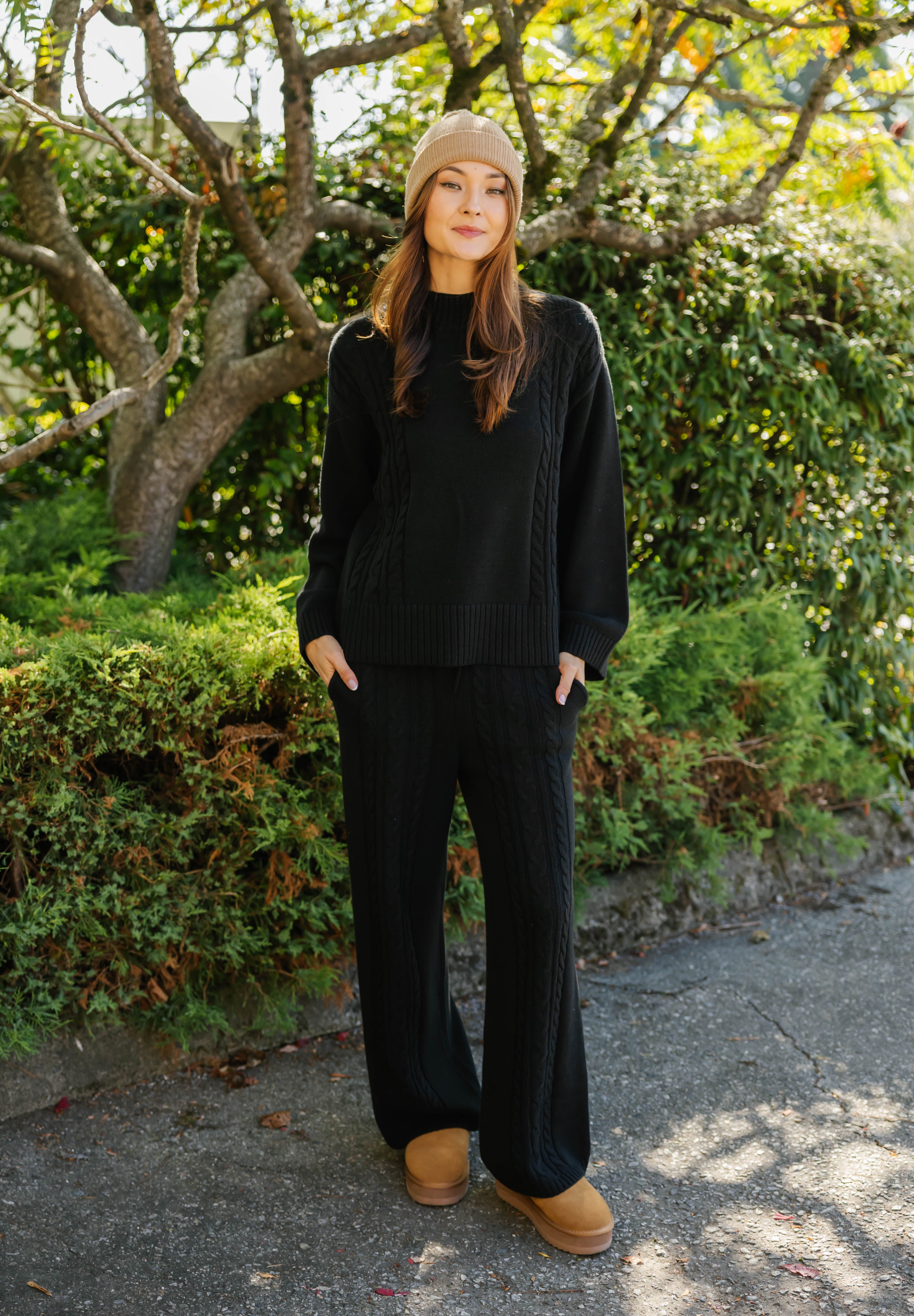 Cecilia Cable Knit Straight Leg Pant in Midnight Black