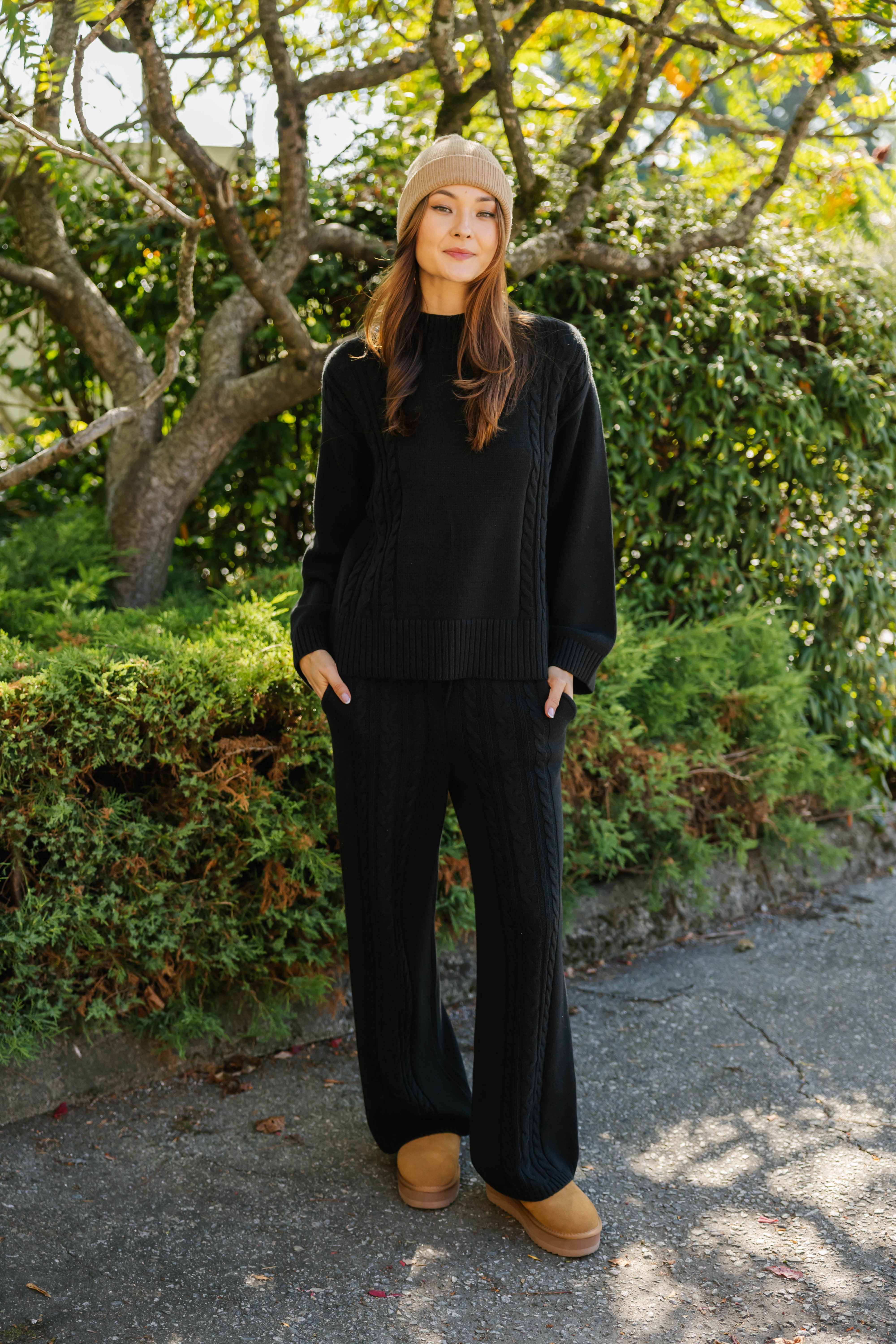 Cecilia Cable Knit Straight Leg Pant in Midnight Black