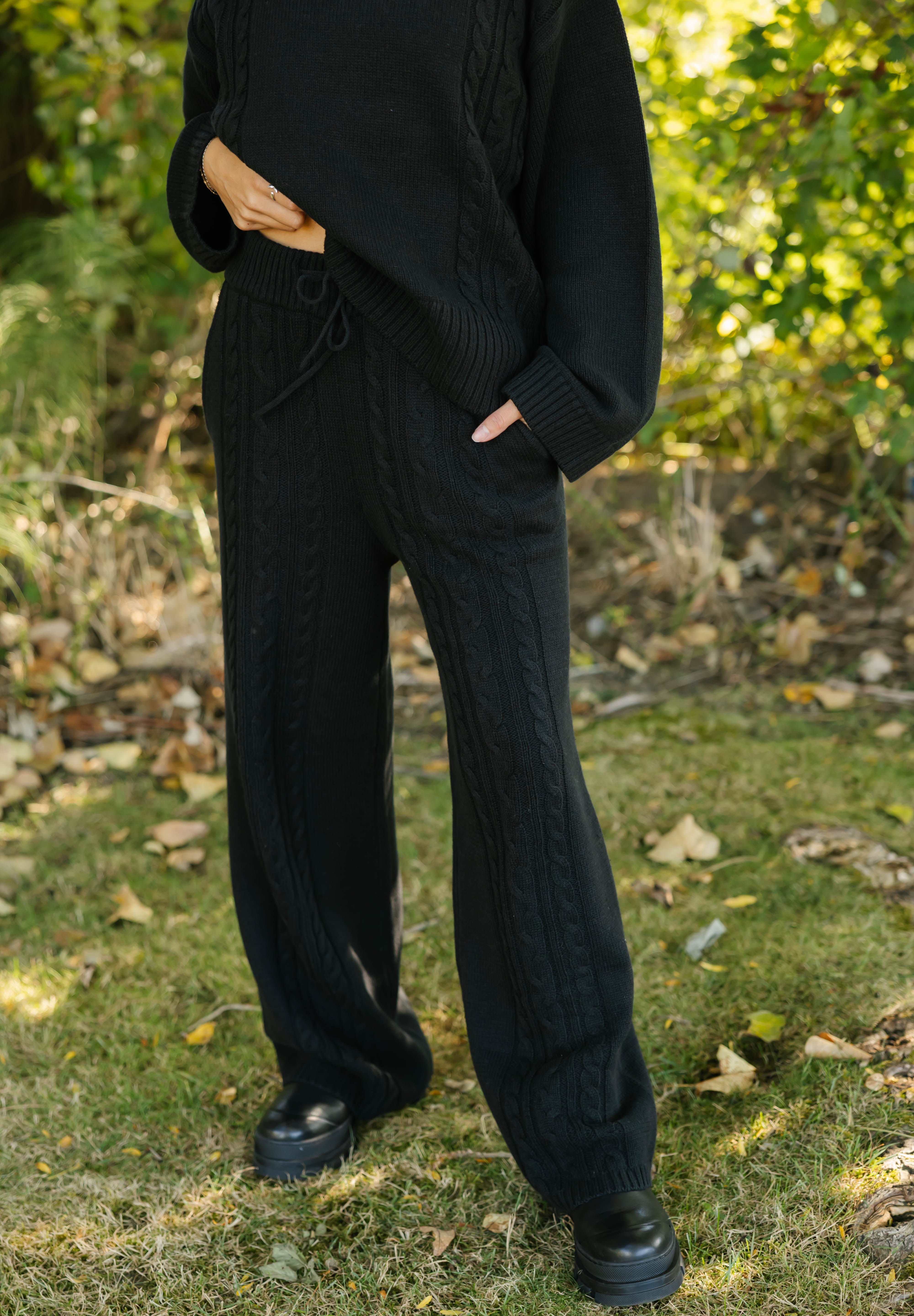 Cecilia Cable Knit Straight Leg Pant in Midnight Black