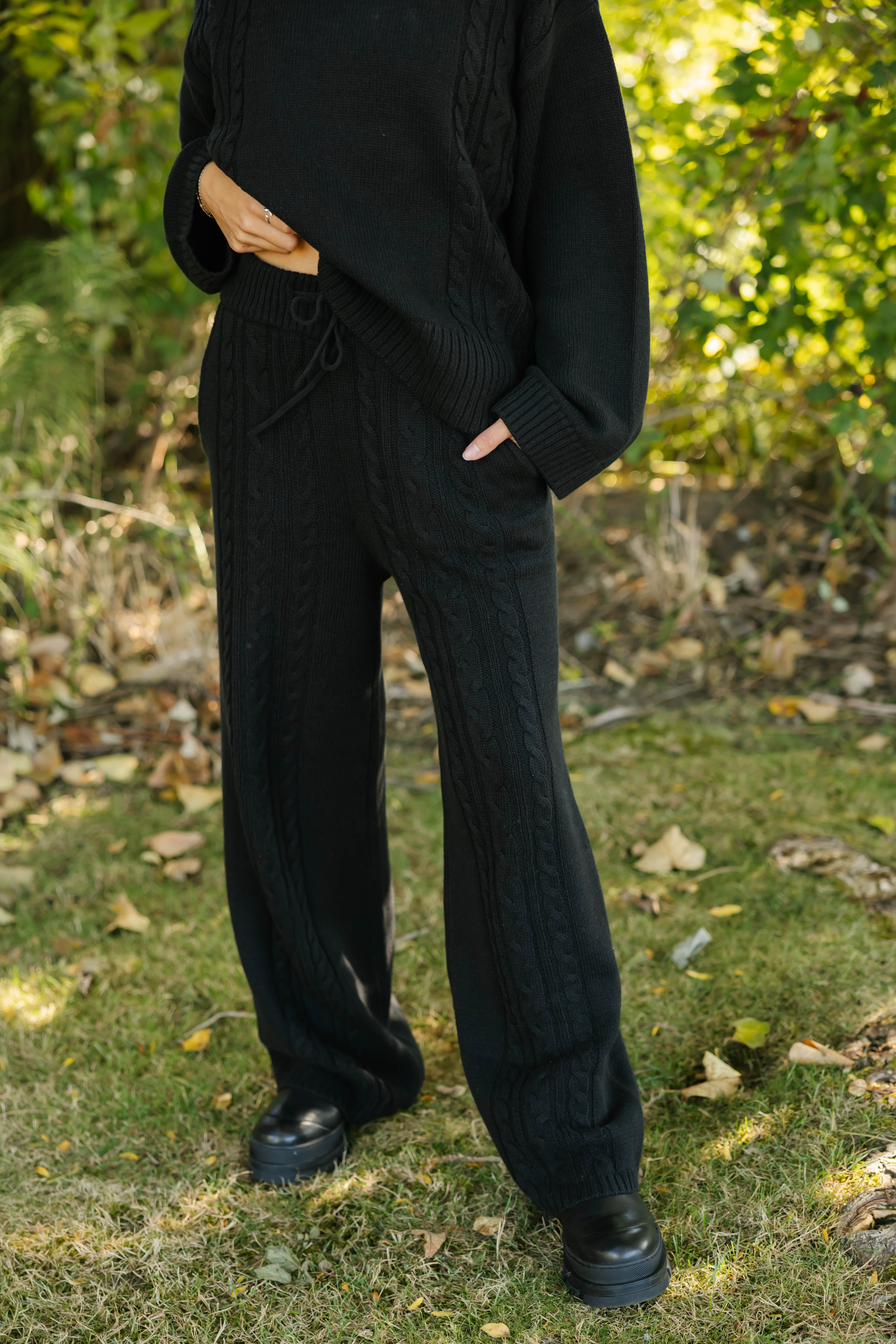 Cecilia Cable Knit Straight Leg Pant in Midnight Black