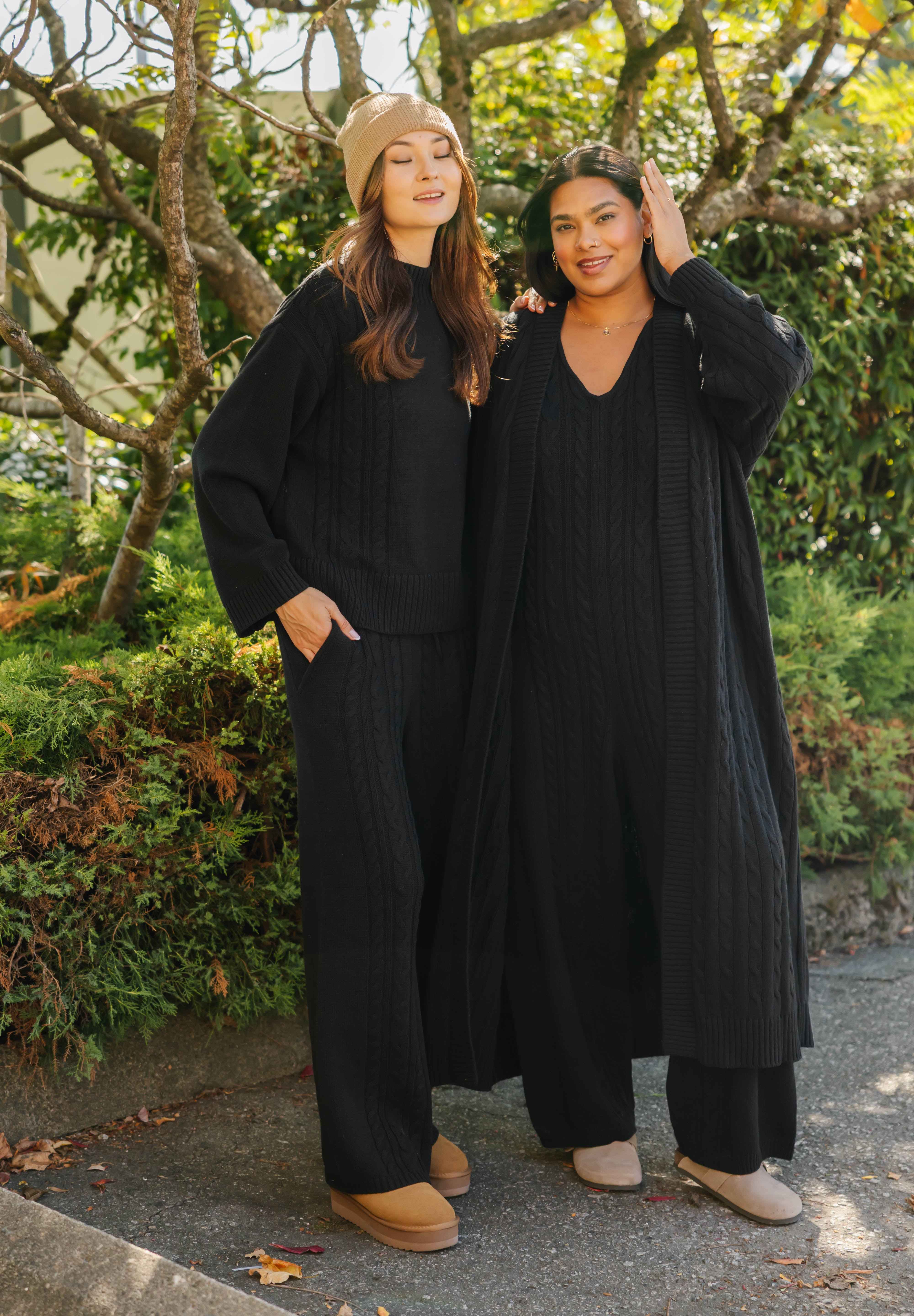 Cecilia Cable Knit Straight Leg Pant in Midnight Black