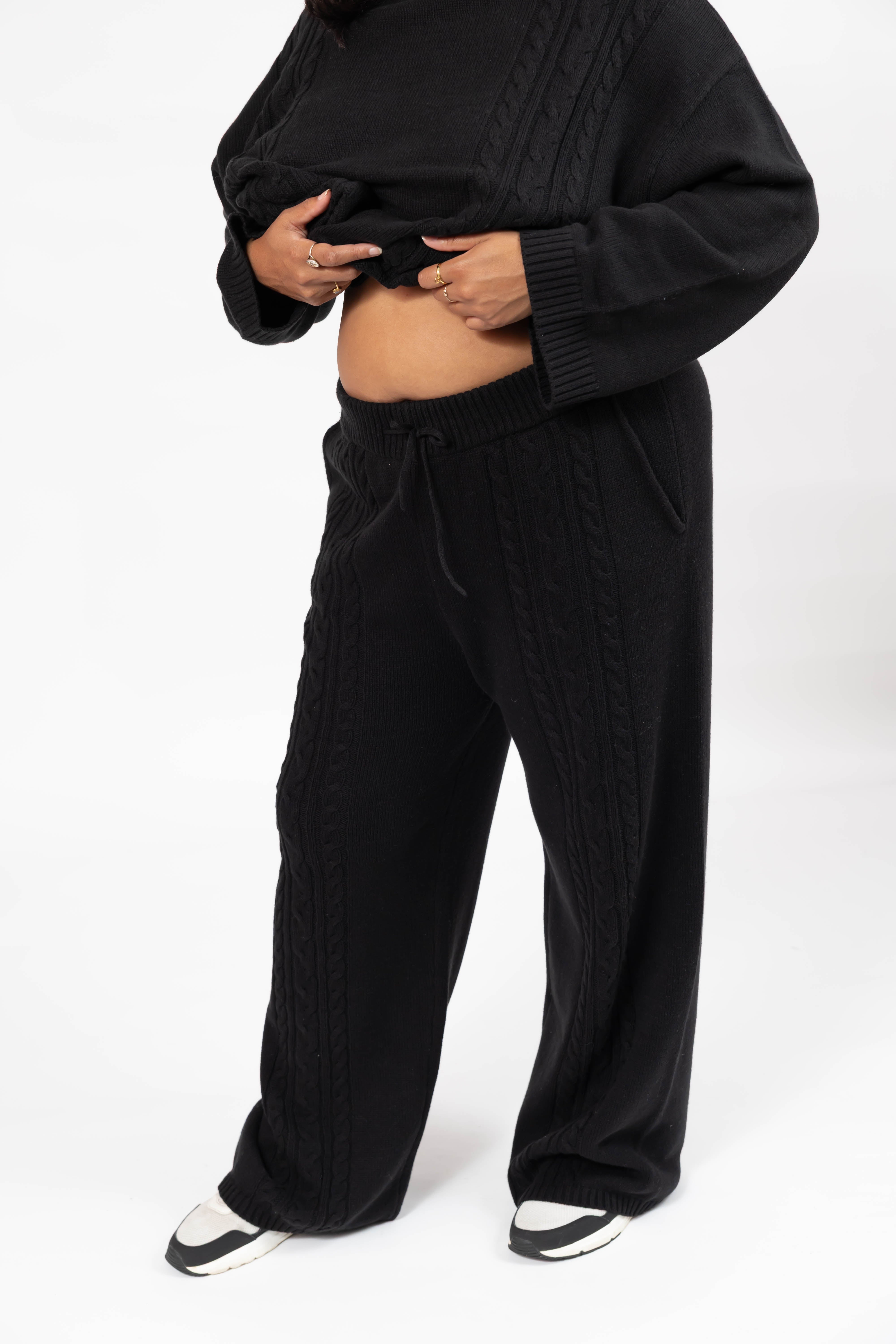 Cecilia Cable Knit Straight Leg Pant in Midnight Black