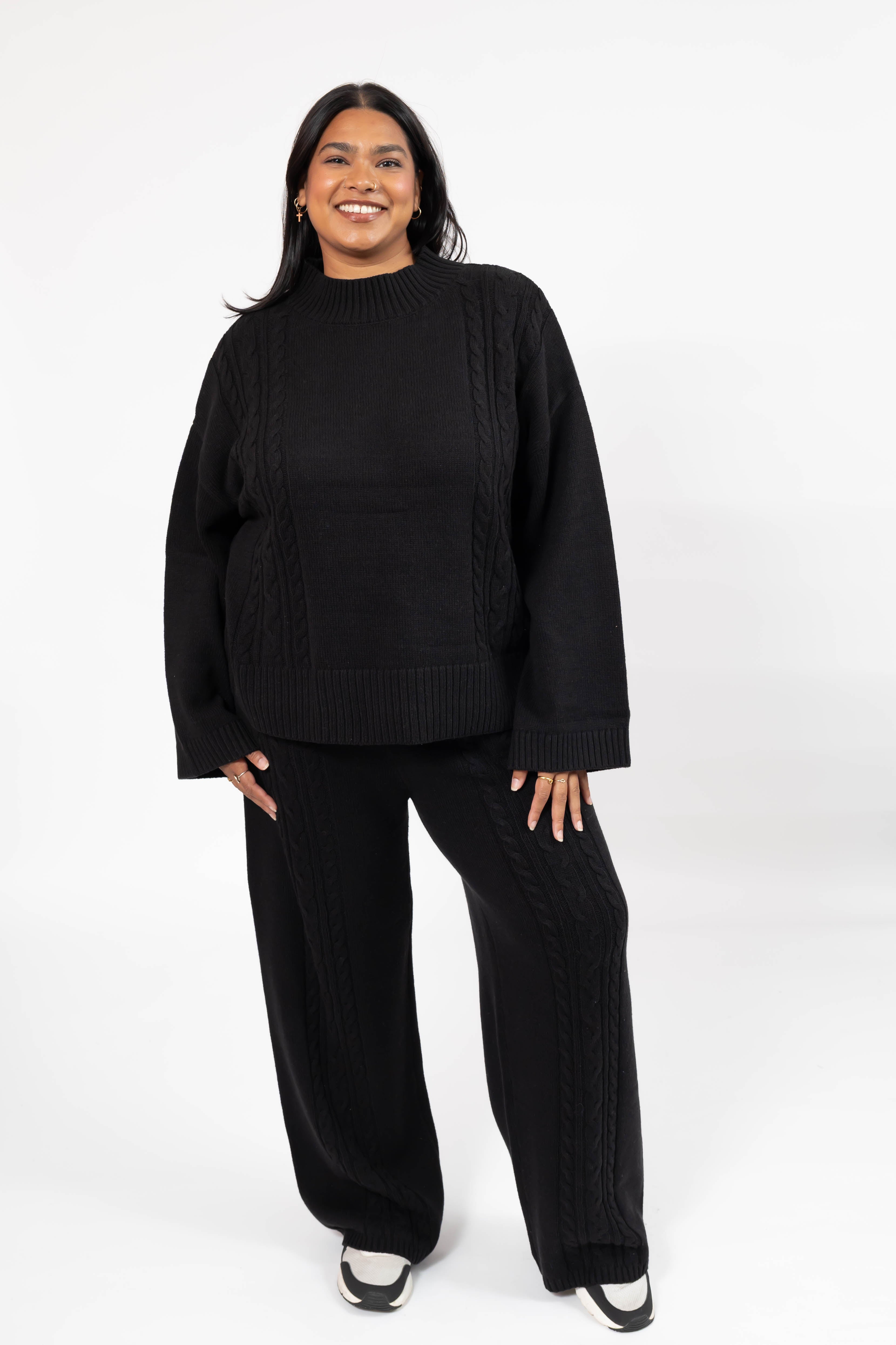 Cecilia Cable Knit Sweater in Midnight Black – Smash + Tess