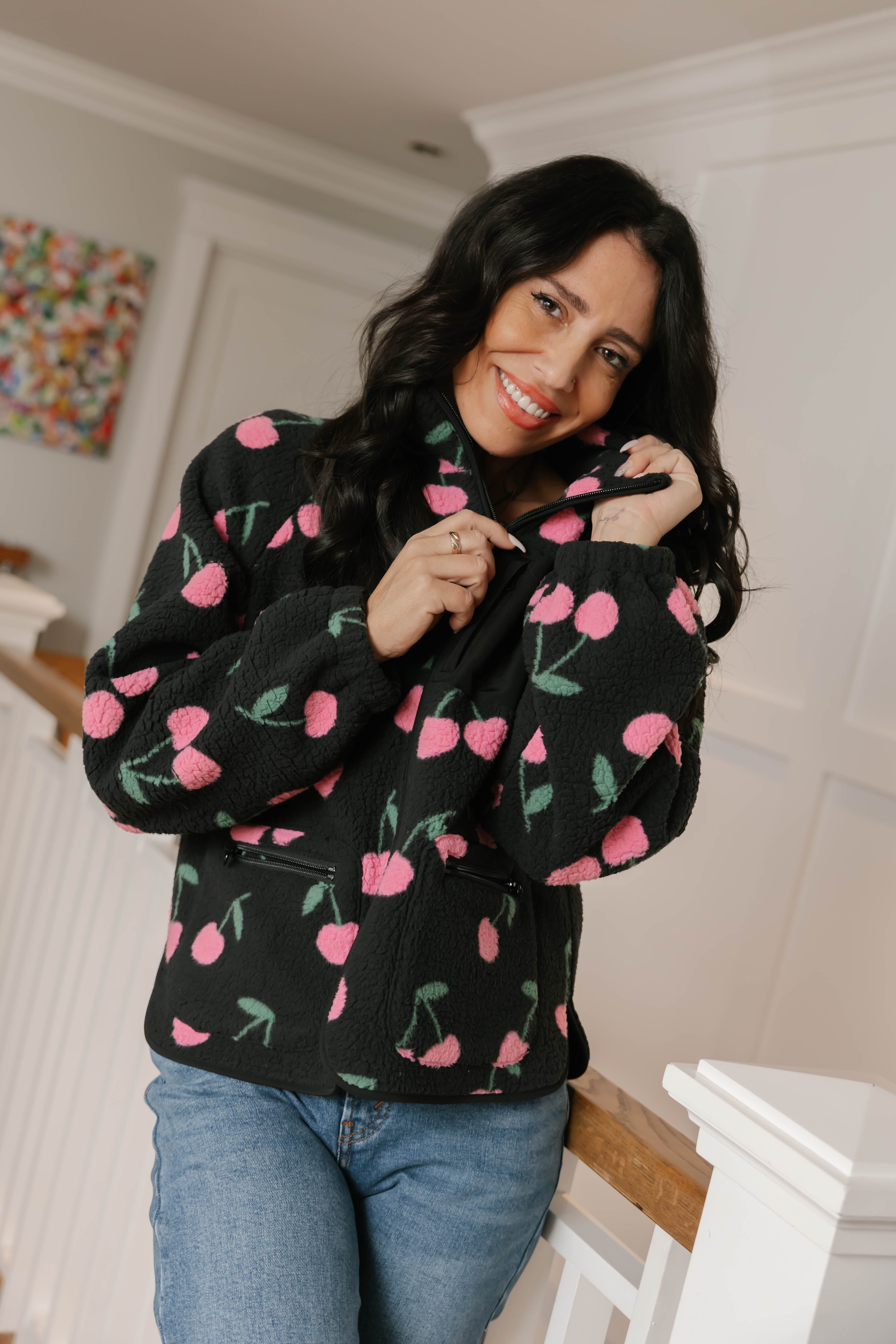 Teddy Zip Up Jacket in Black/Pink Cherry