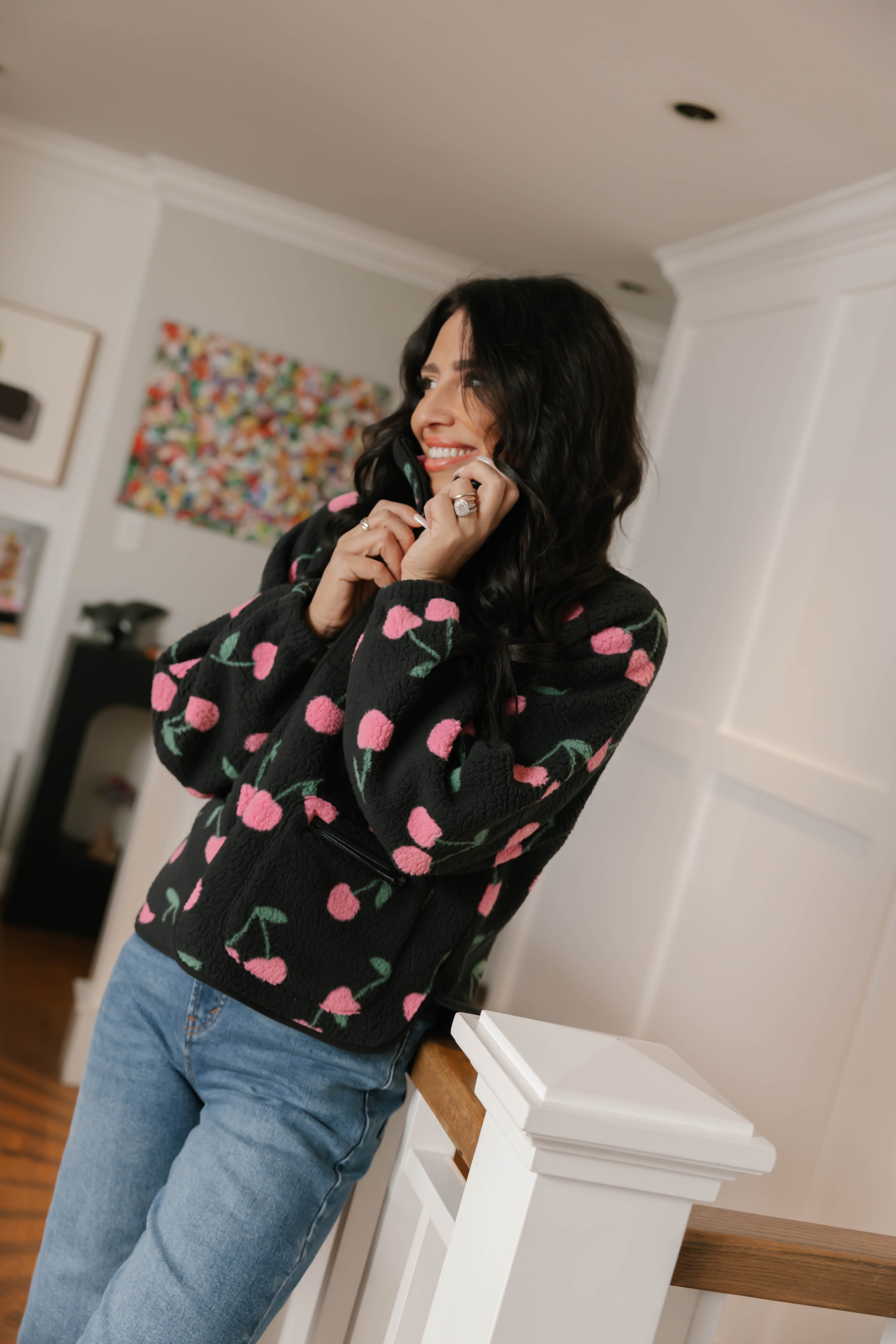 Teddy Zip Up Jacket in Black/Pink Cherry