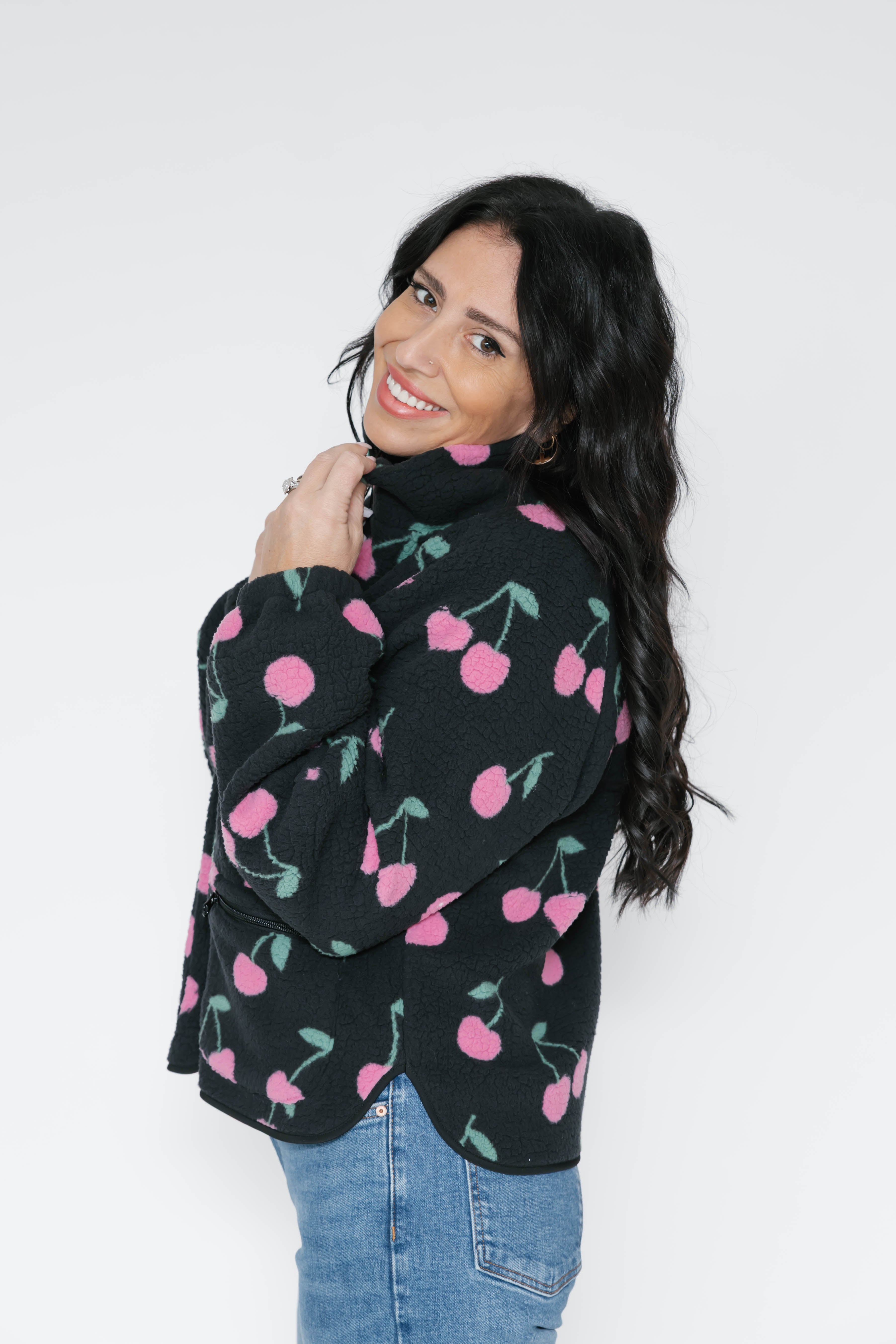 Teddy Zip Up Jacket in Black/Pink Cherry