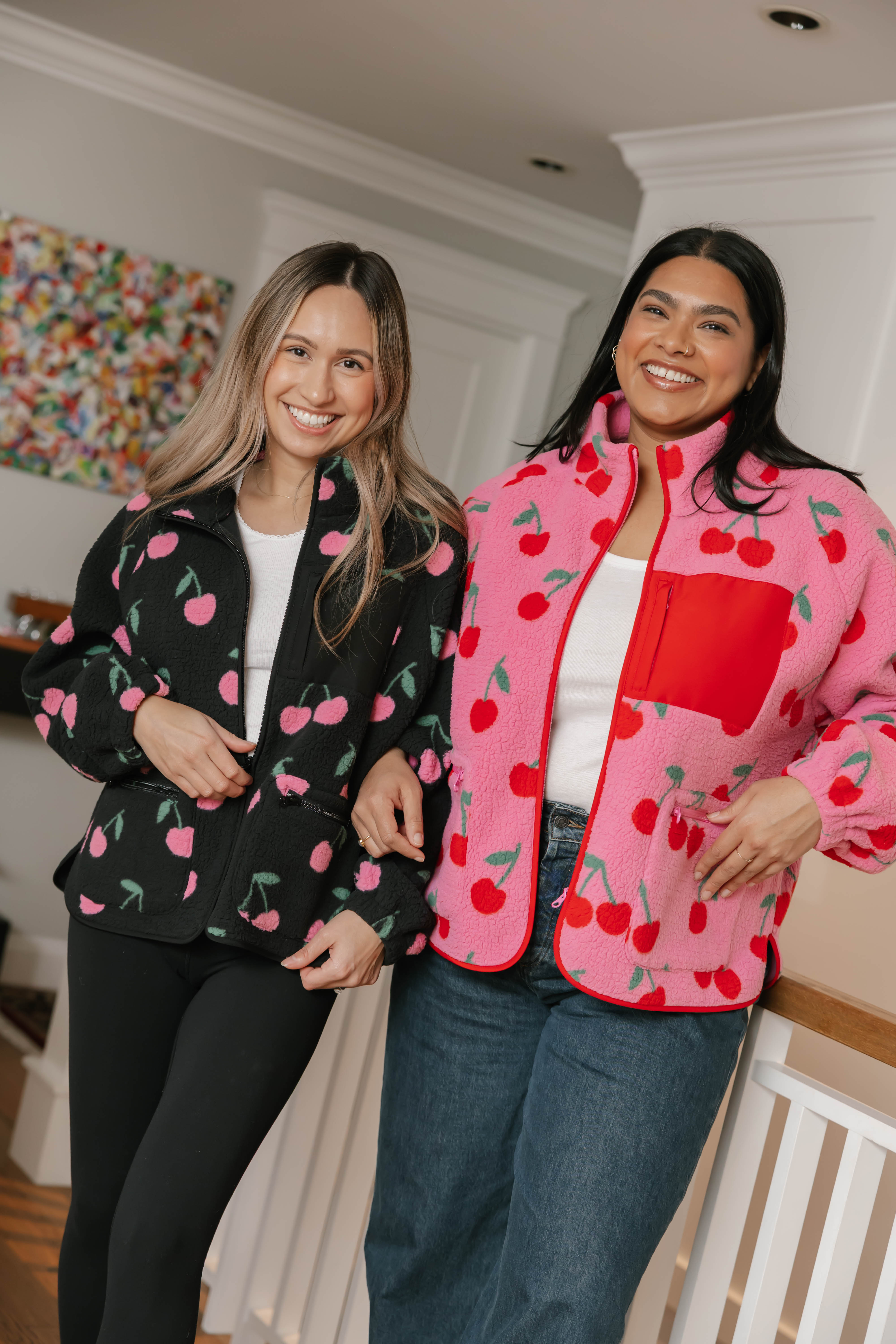 Teddy Zip Up Jacket in Black/Pink Cherry