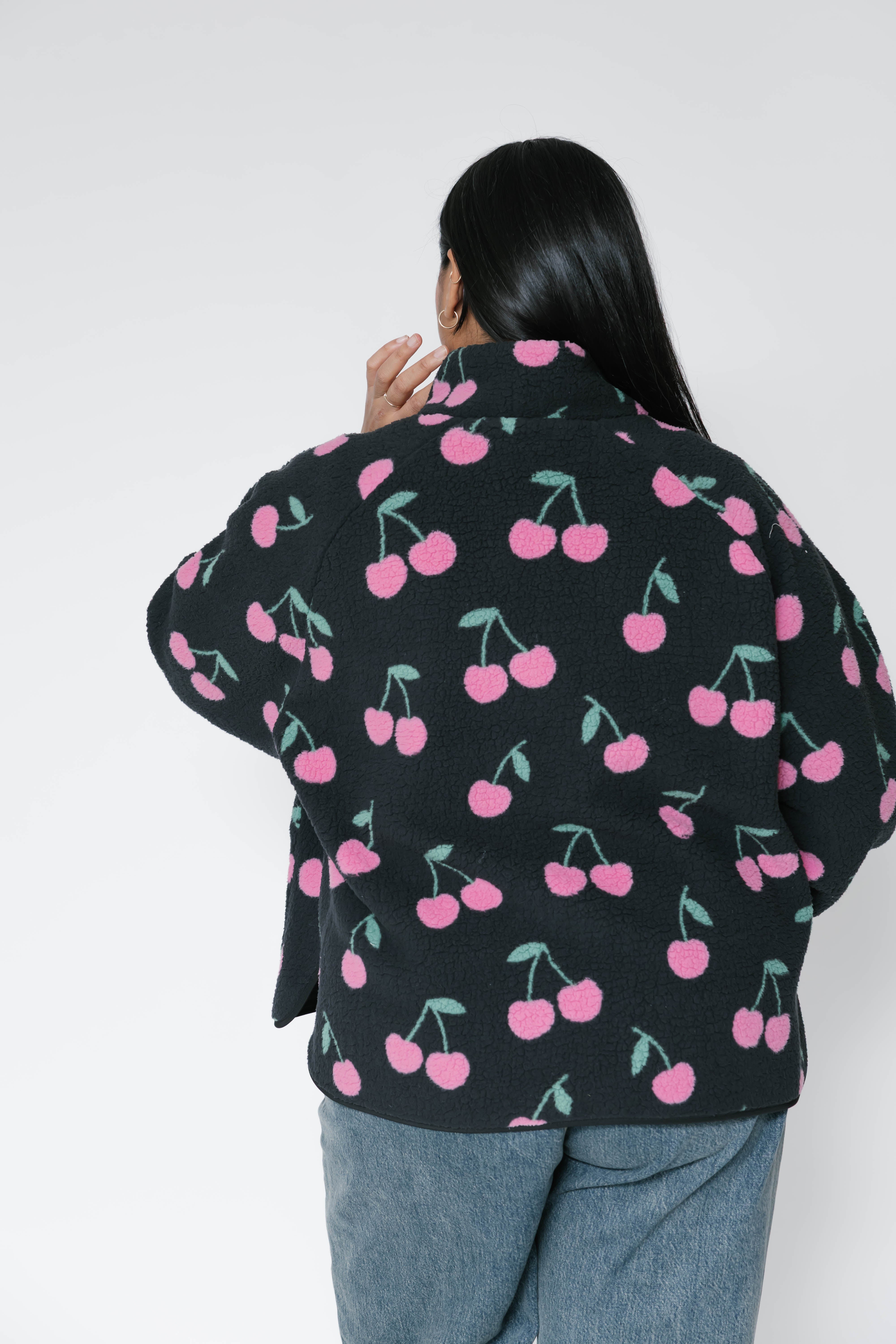 Teddy Zip Up Jacket in Black/Pink Cherry