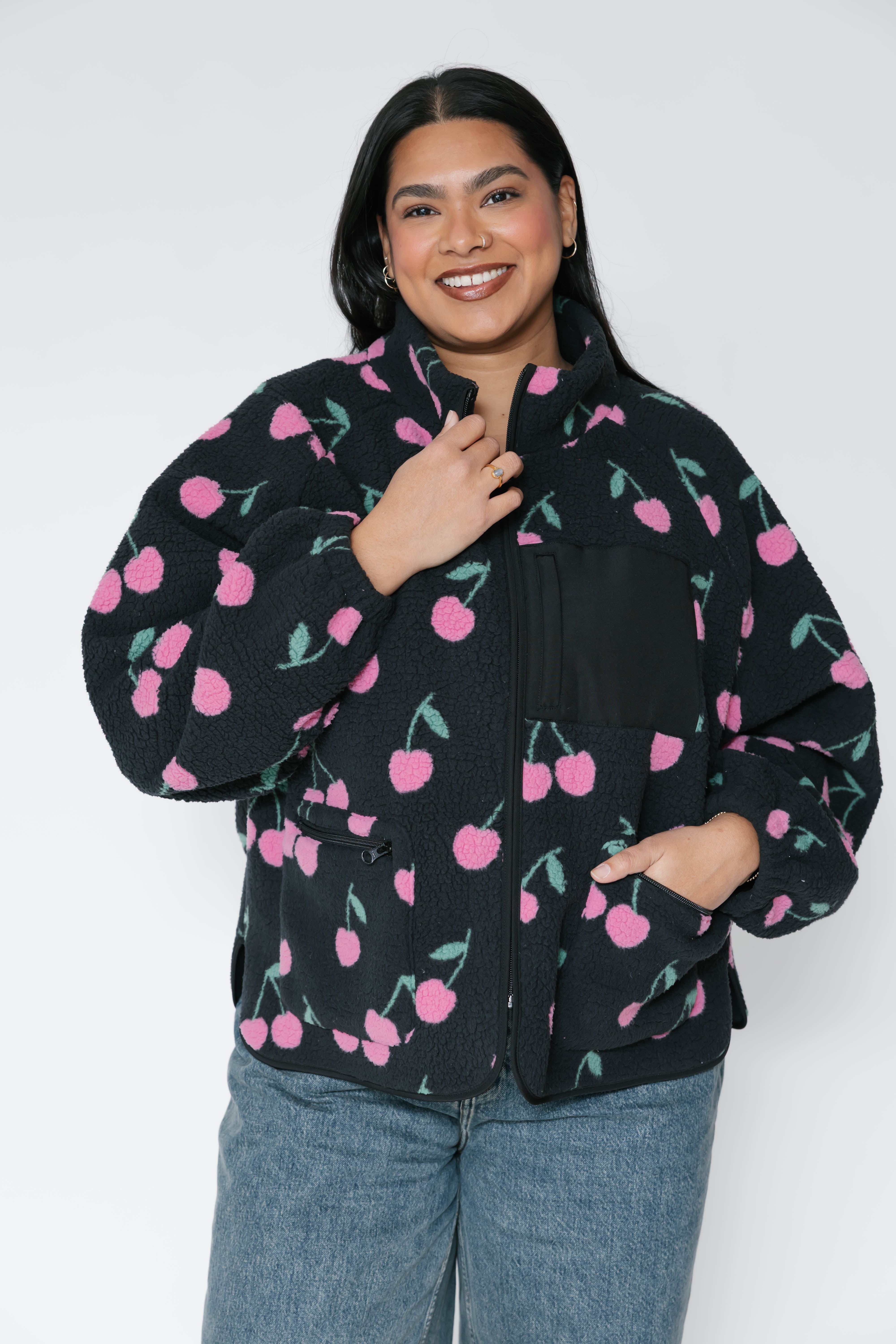 Teddy Zip Up Jacket in Black/Pink Cherry