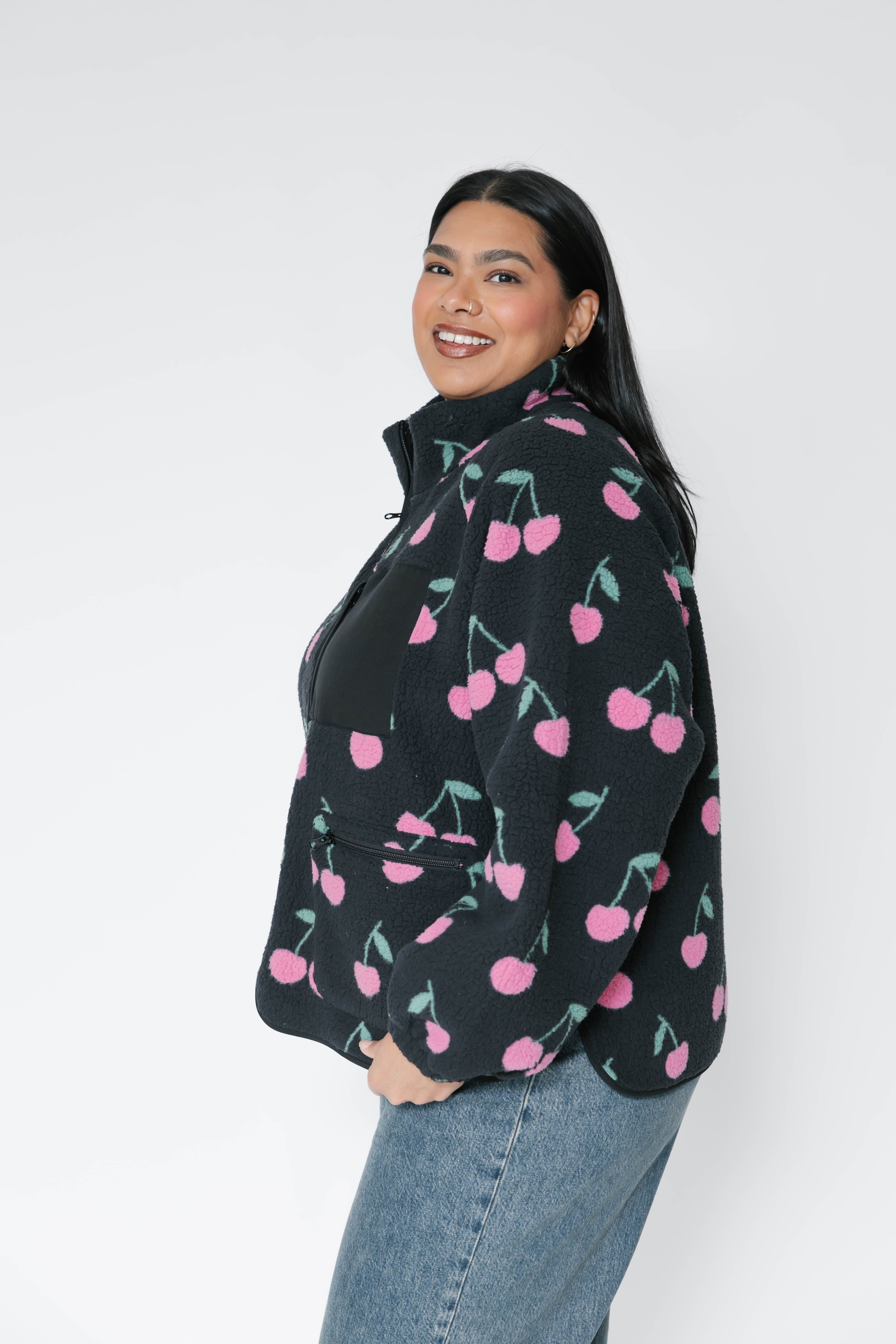 Teddy Zip Up Jacket in Black/Pink Cherry