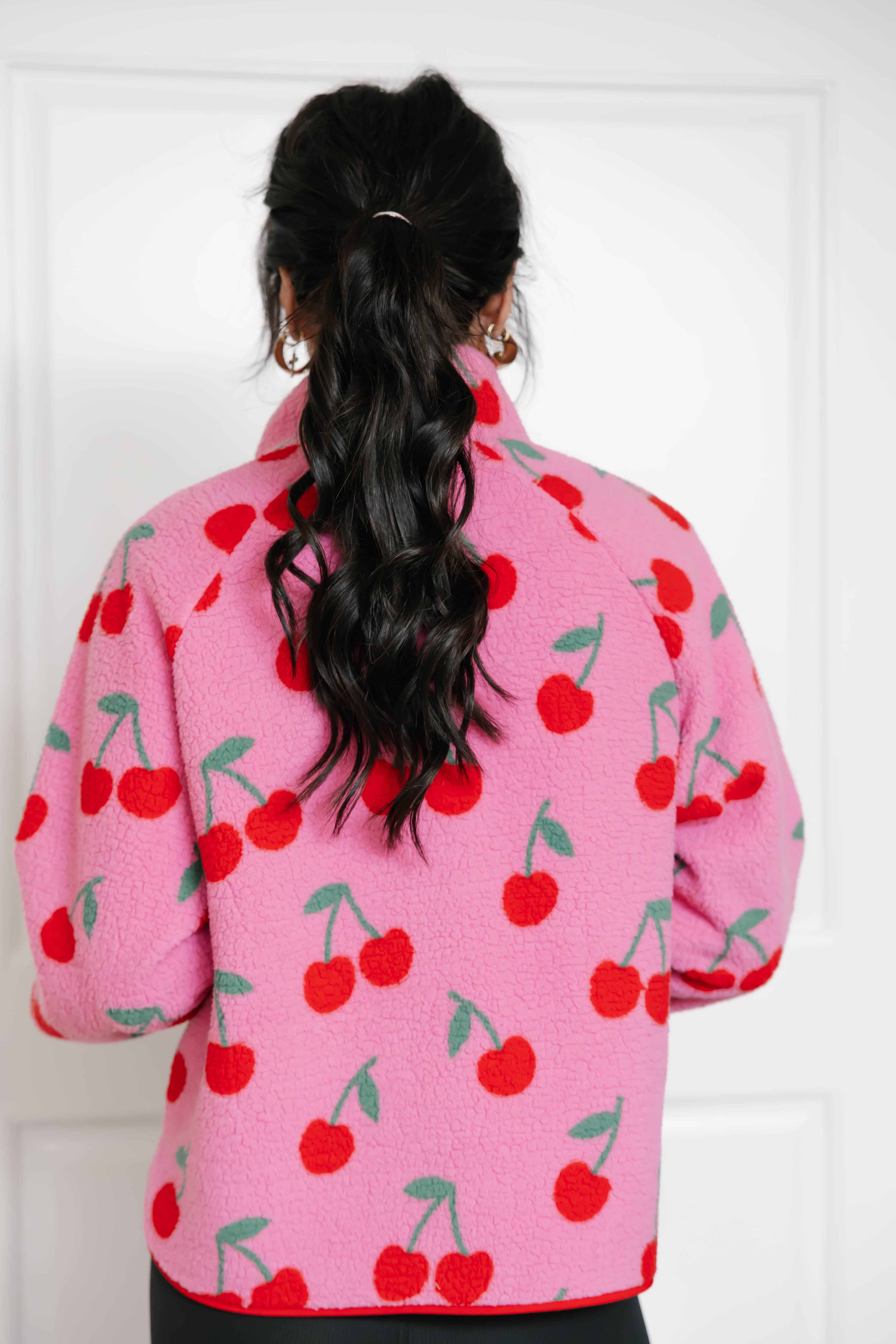 Teddy Zip Up Jacket in Pink/Red Cherry