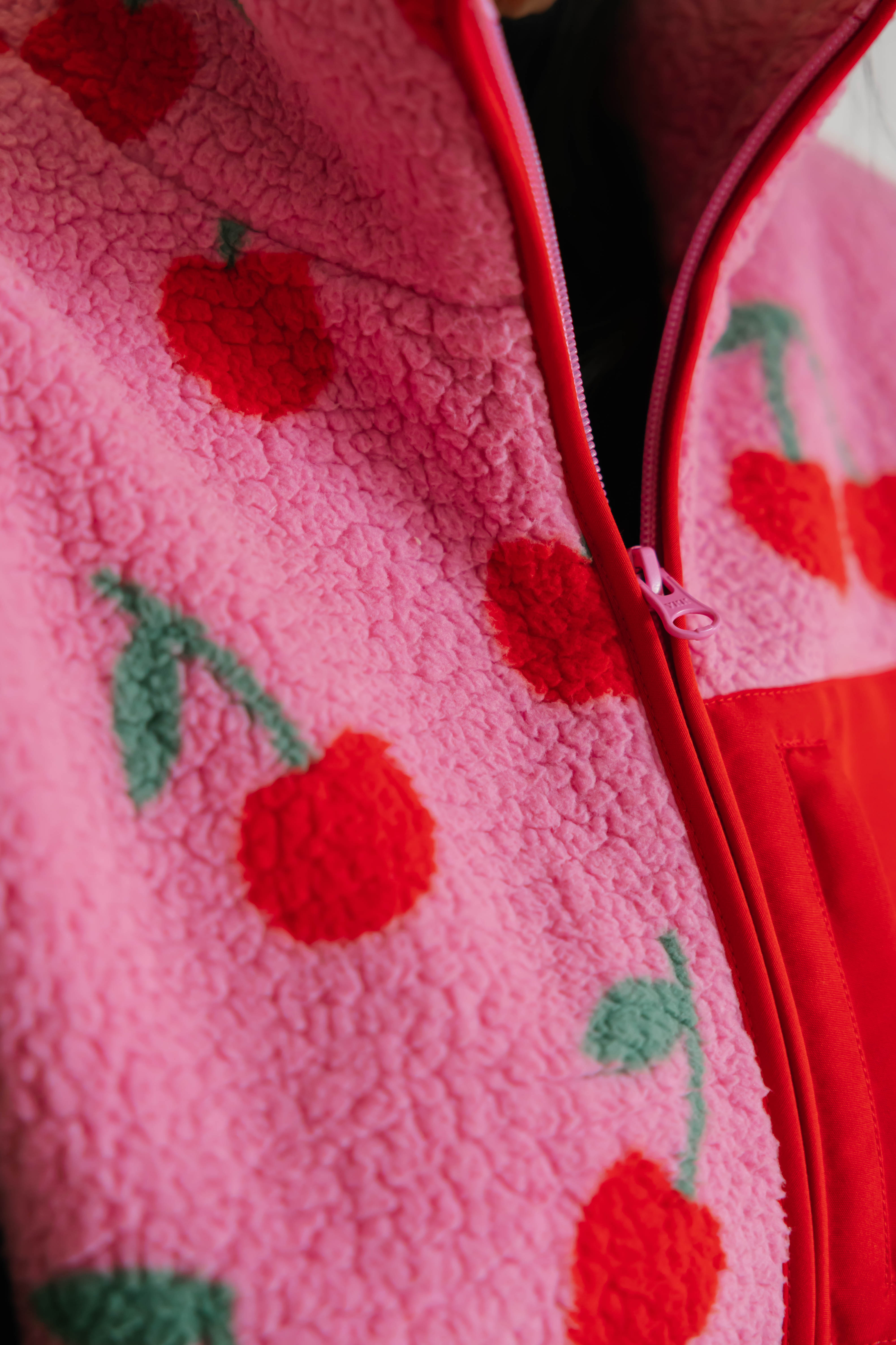 Teddy Zip Up Jacket in Pink/Red Cherry