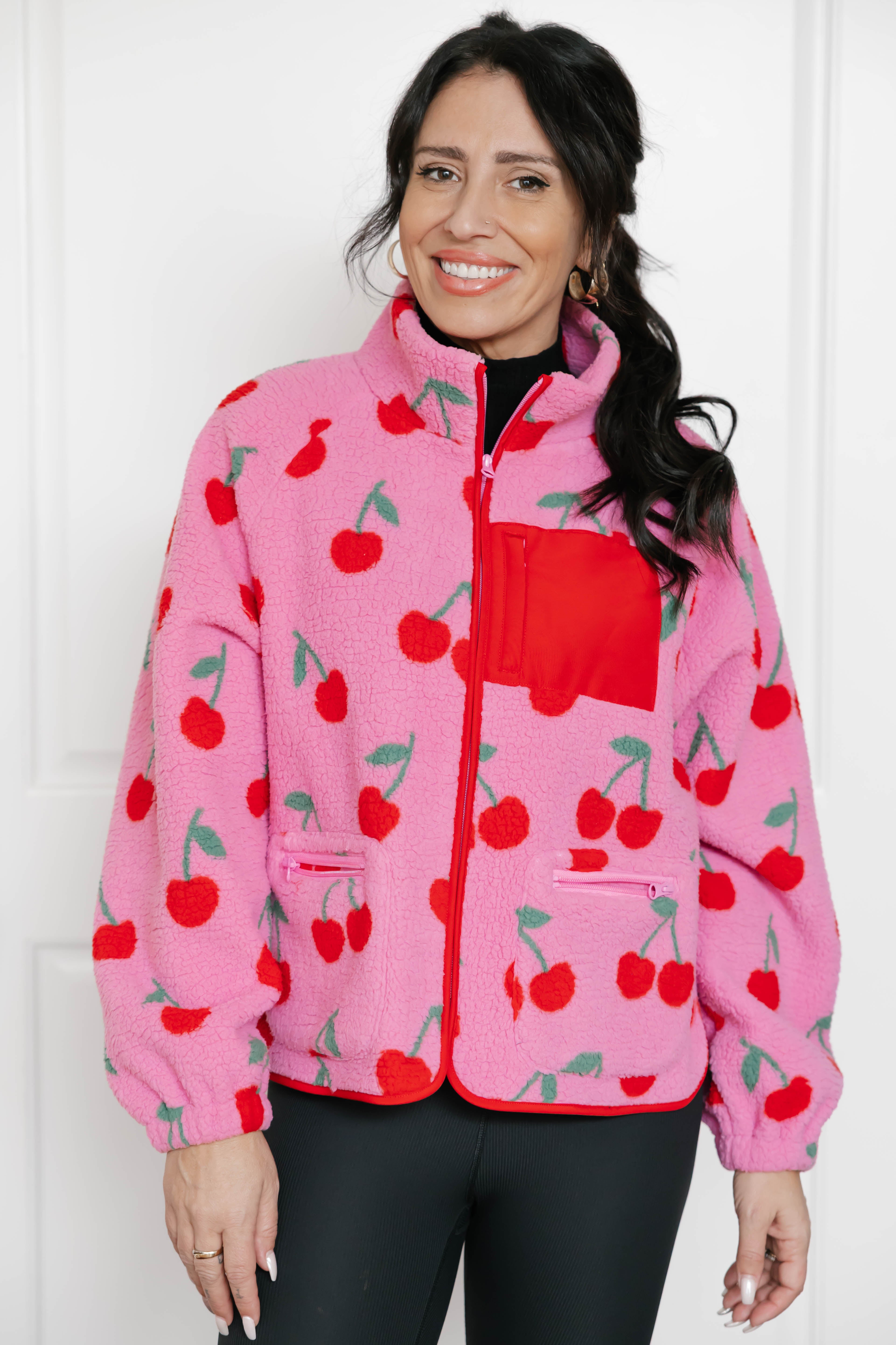 Teddy Zip Up Jacket in Pink/Red Cherry