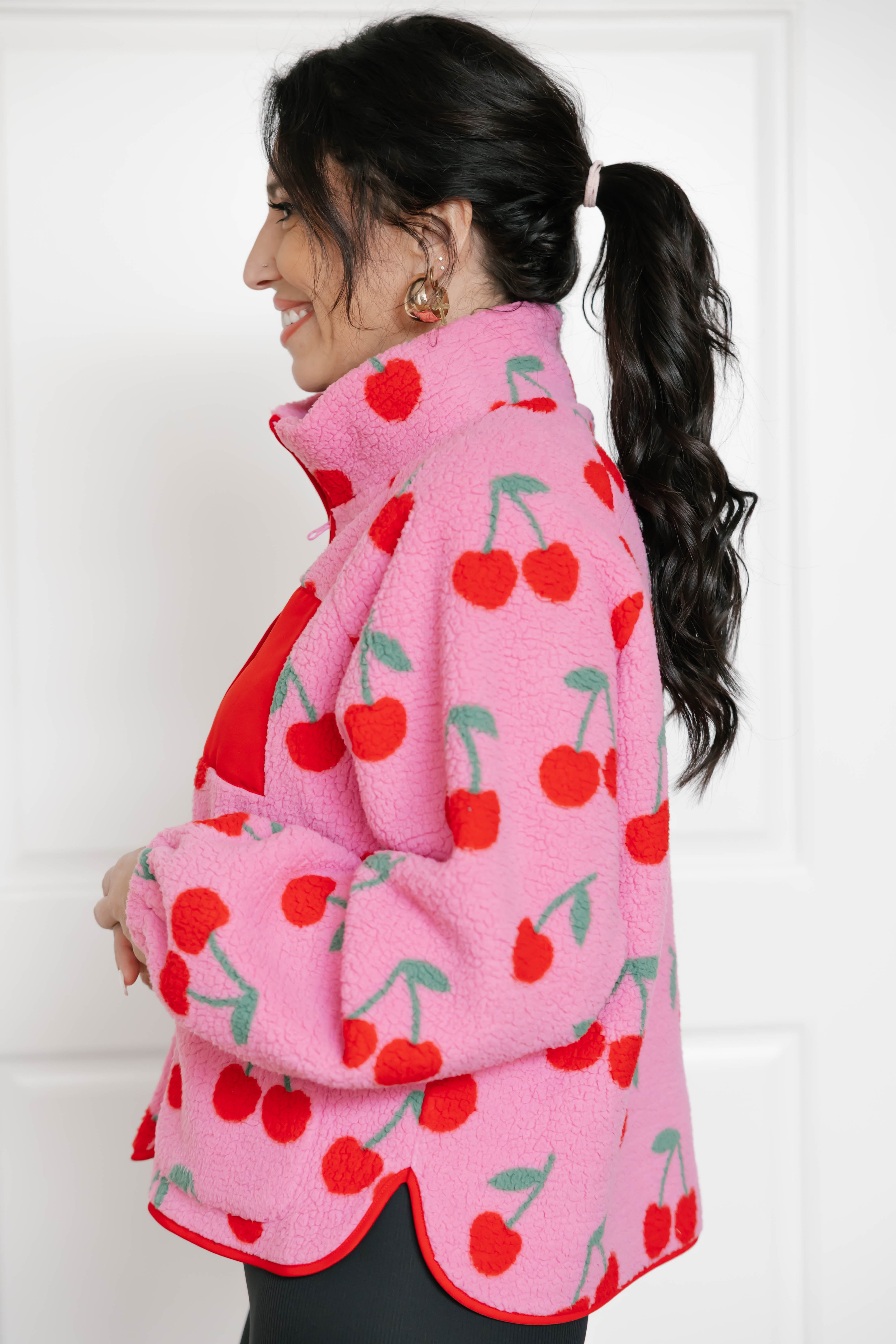 Teddy Zip Up Jacket in Pink/Red Cherry