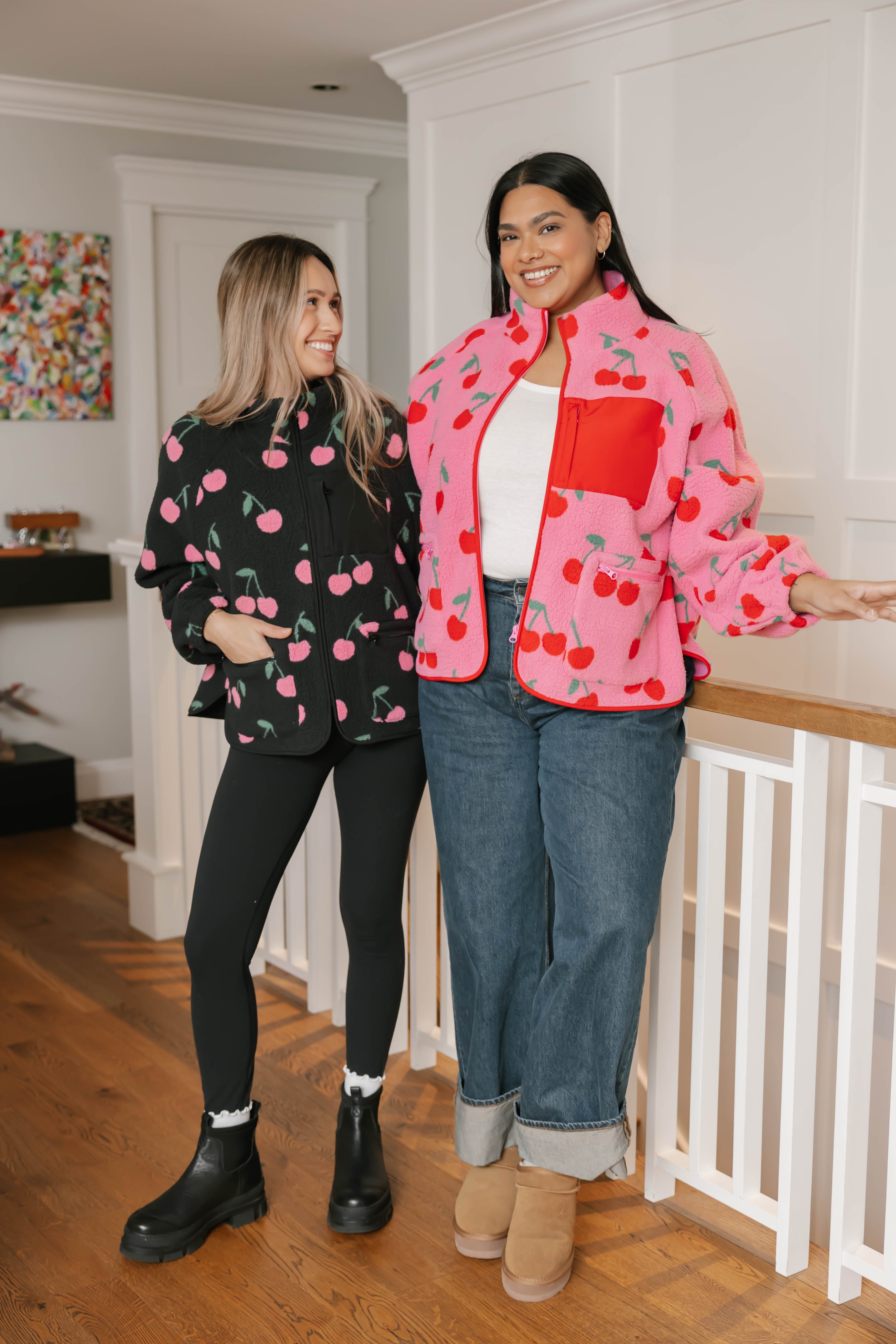 Teddy Zip Up Jacket in Pink/Red Cherry