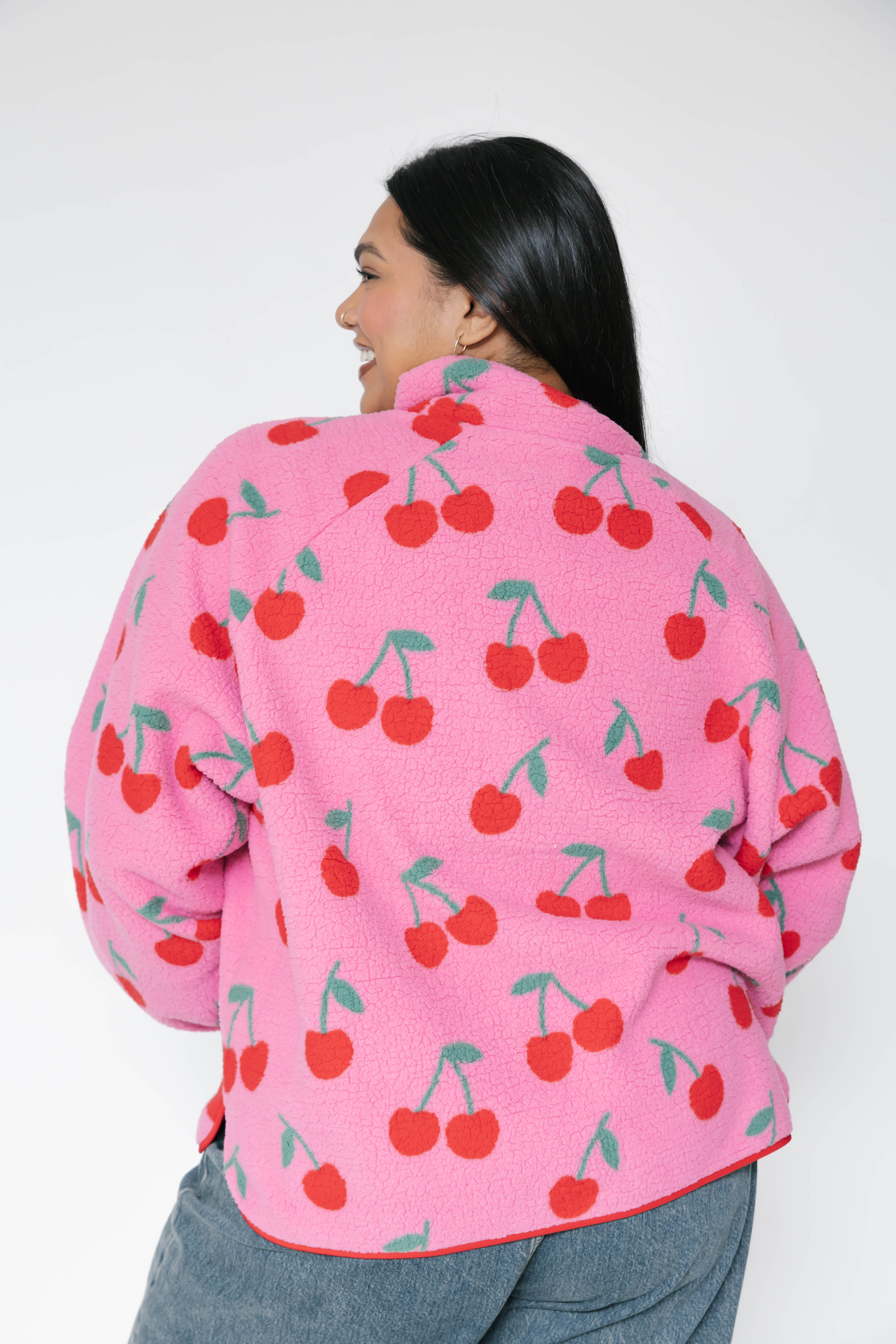 Teddy Zip Up Jacket in Pink/Red Cherry