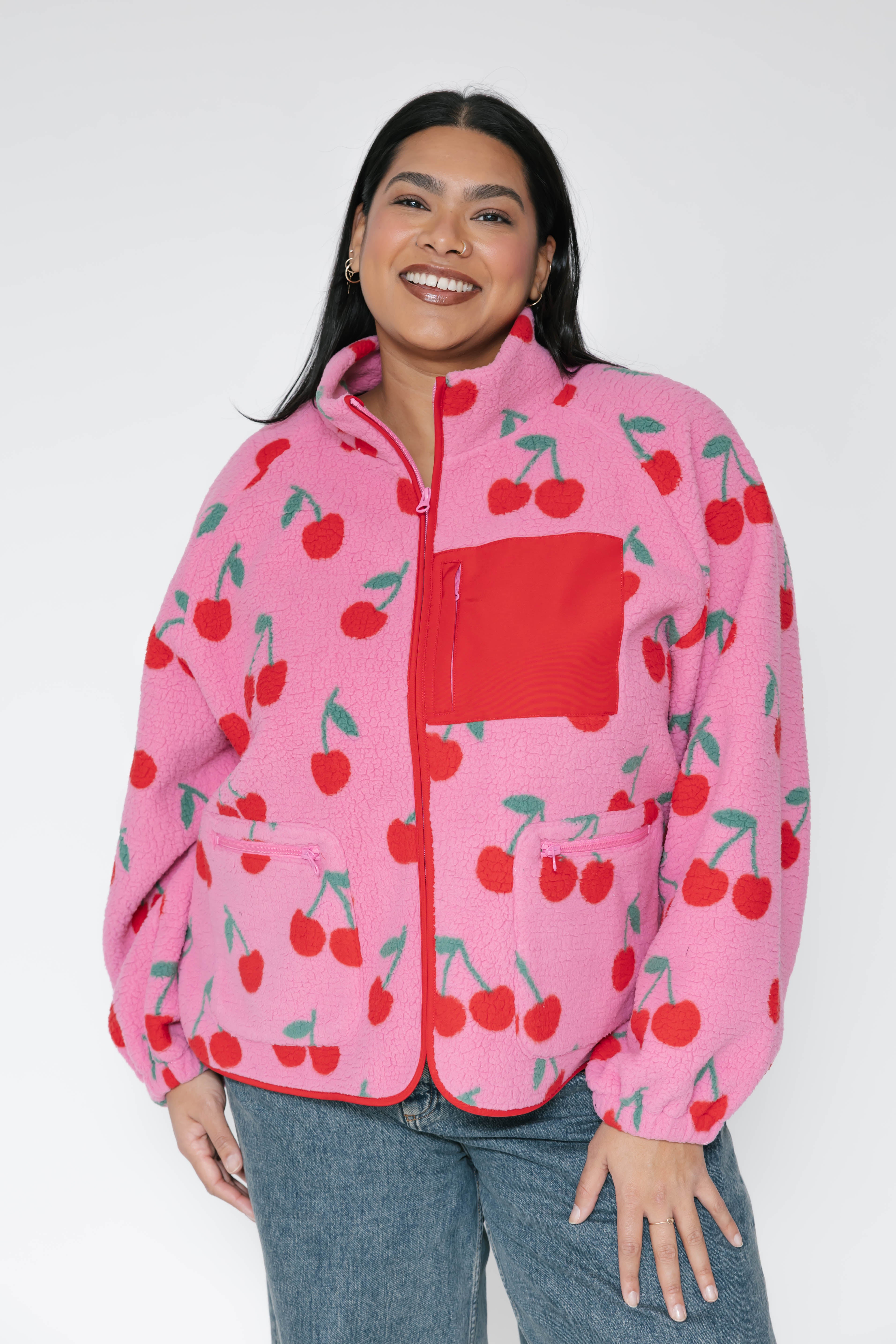 Teddy Zip Up Jacket in Pink/Red Cherry