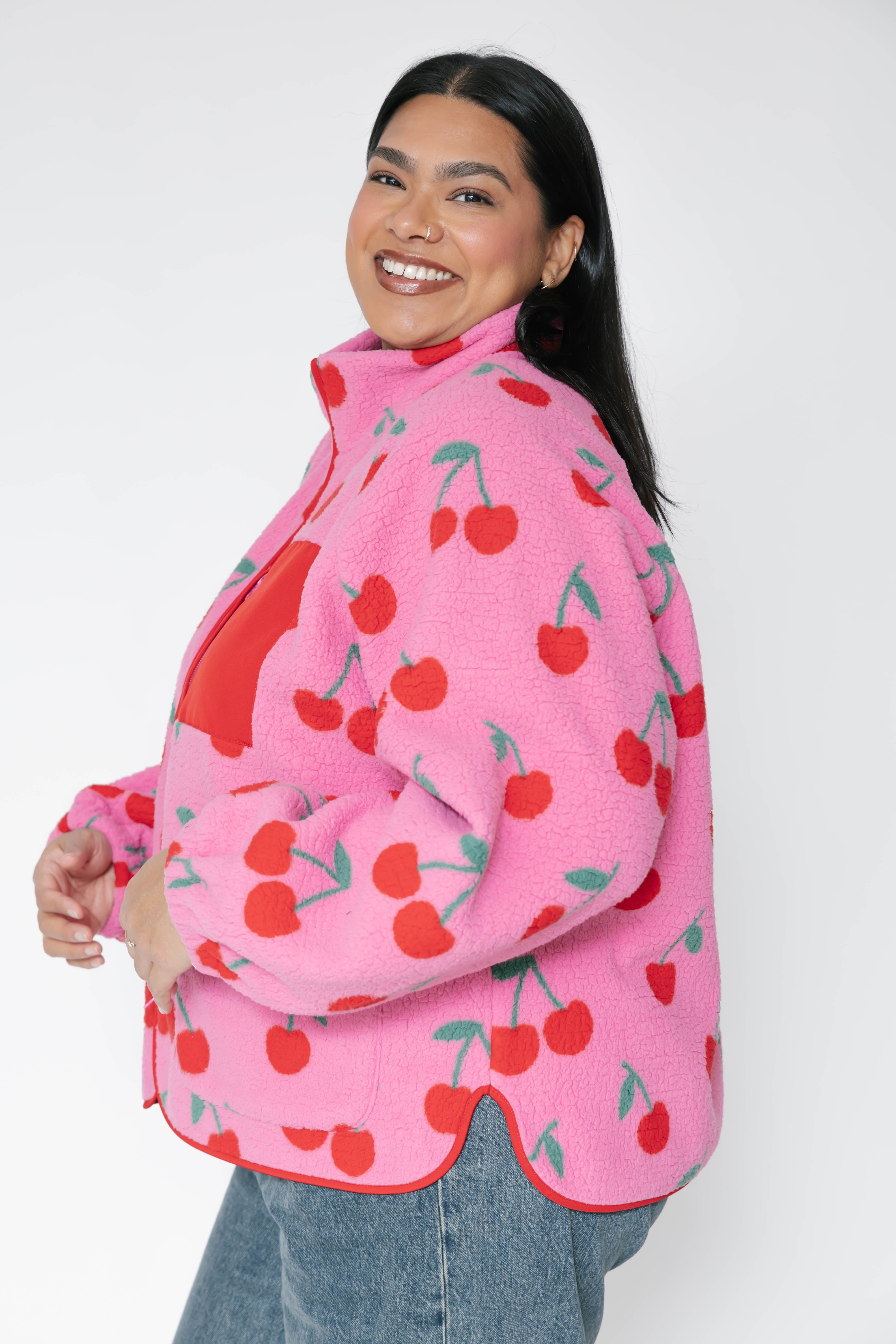 Teddy Zip Up Jacket in Pink/Red Cherry