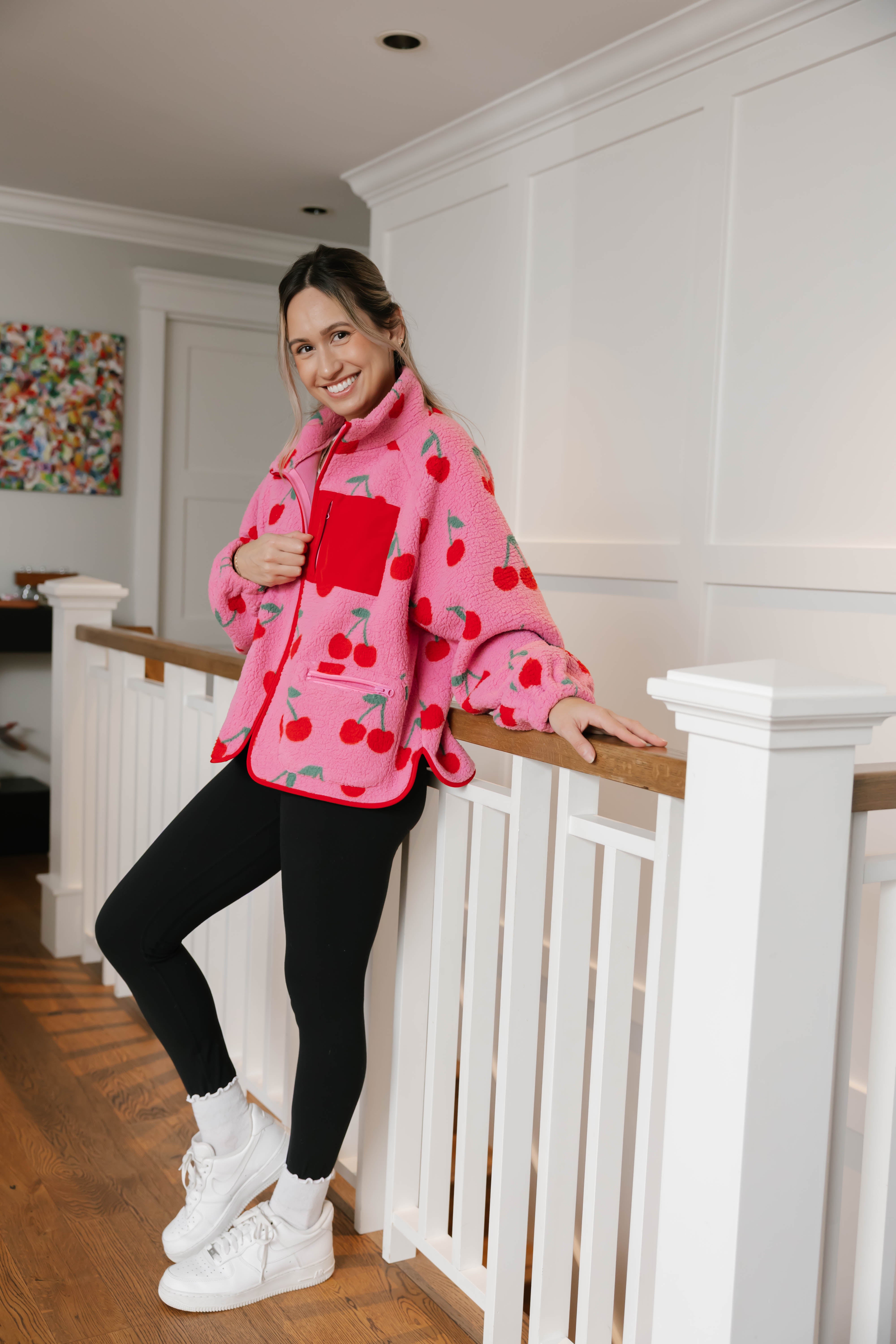 Teddy Zip Up Jacket in Pink/Red Cherry