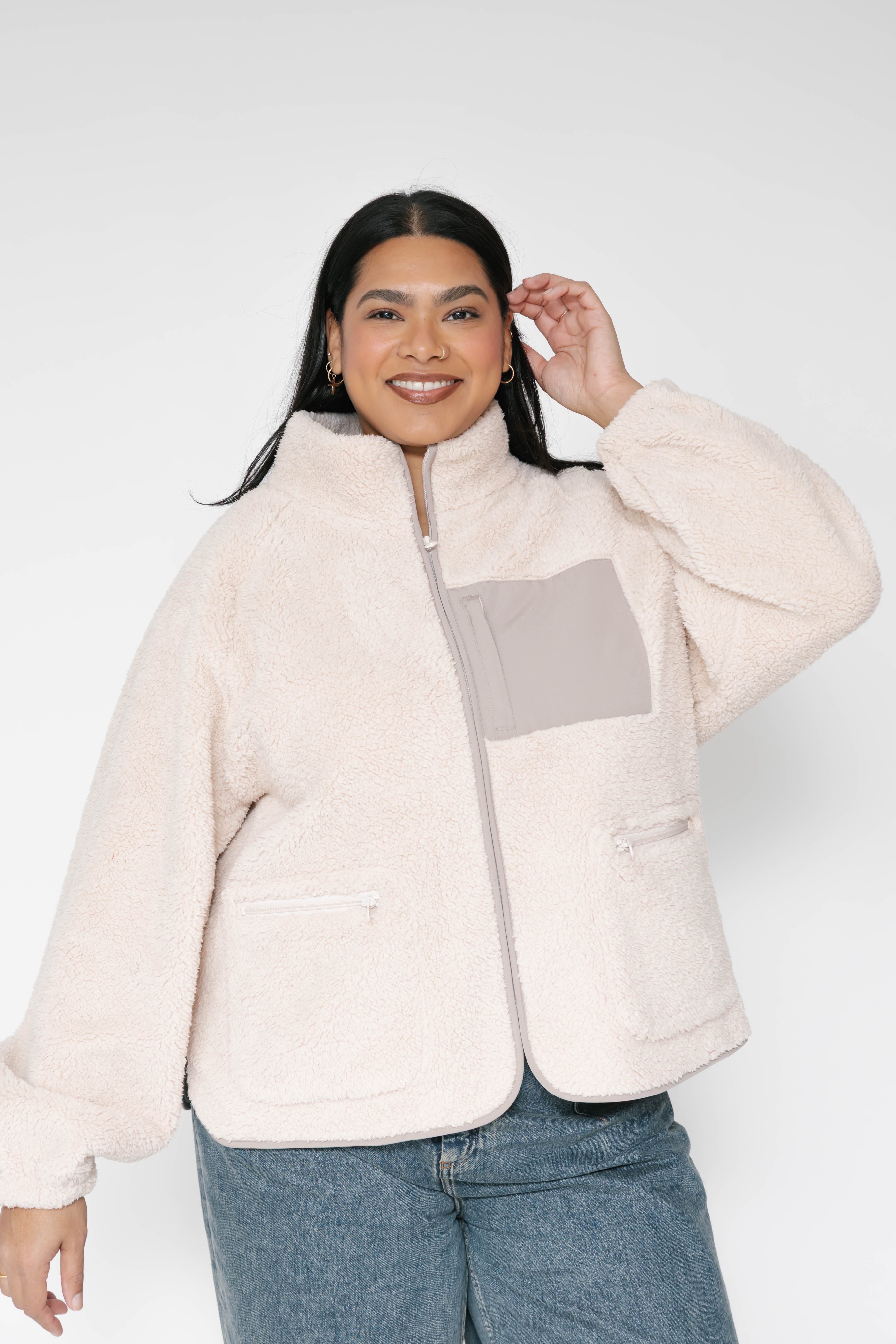 Teddy Zip Up Jacket in Taupe