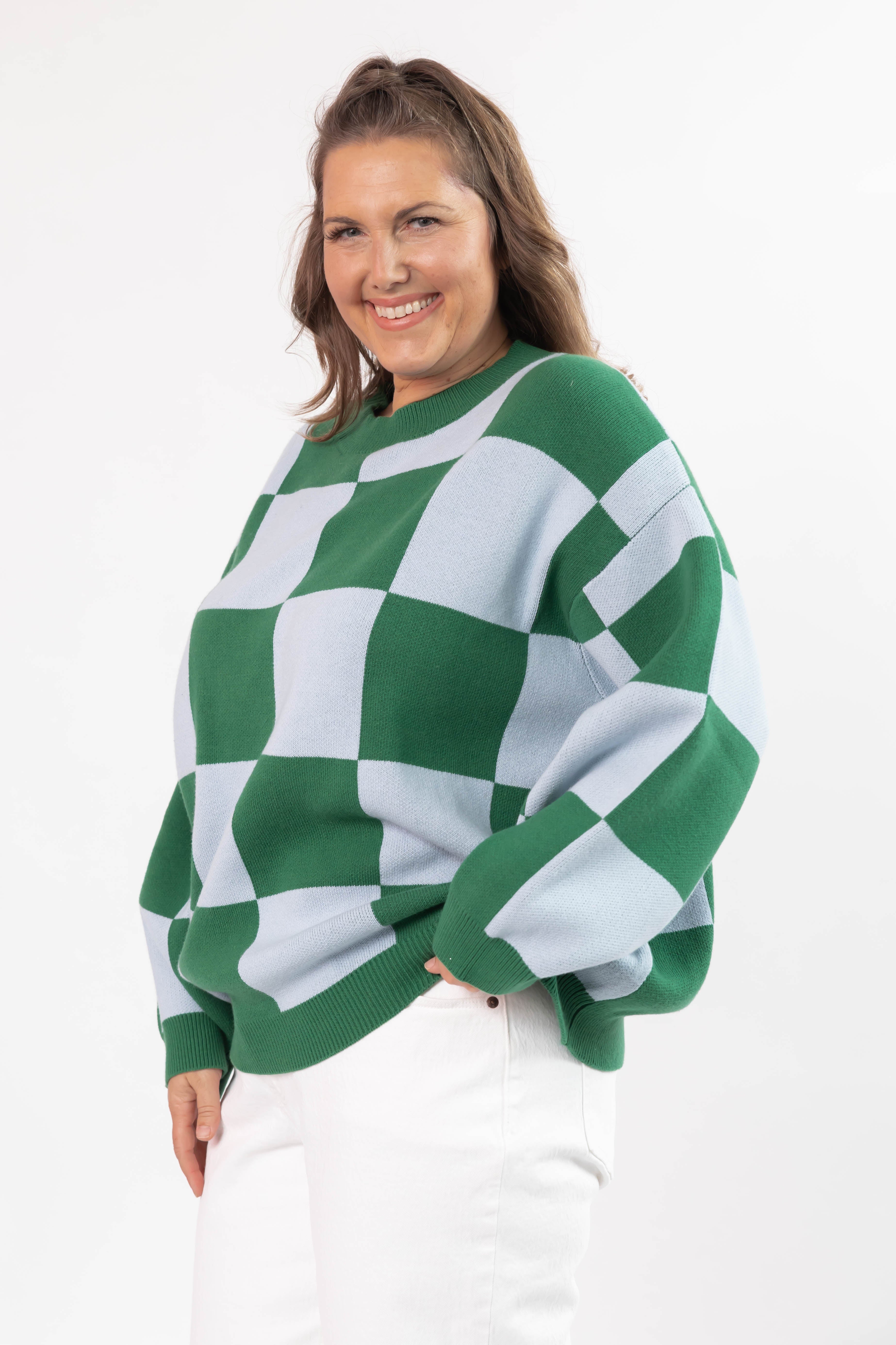 Chrissy Checkered Sweater in Green/Blue